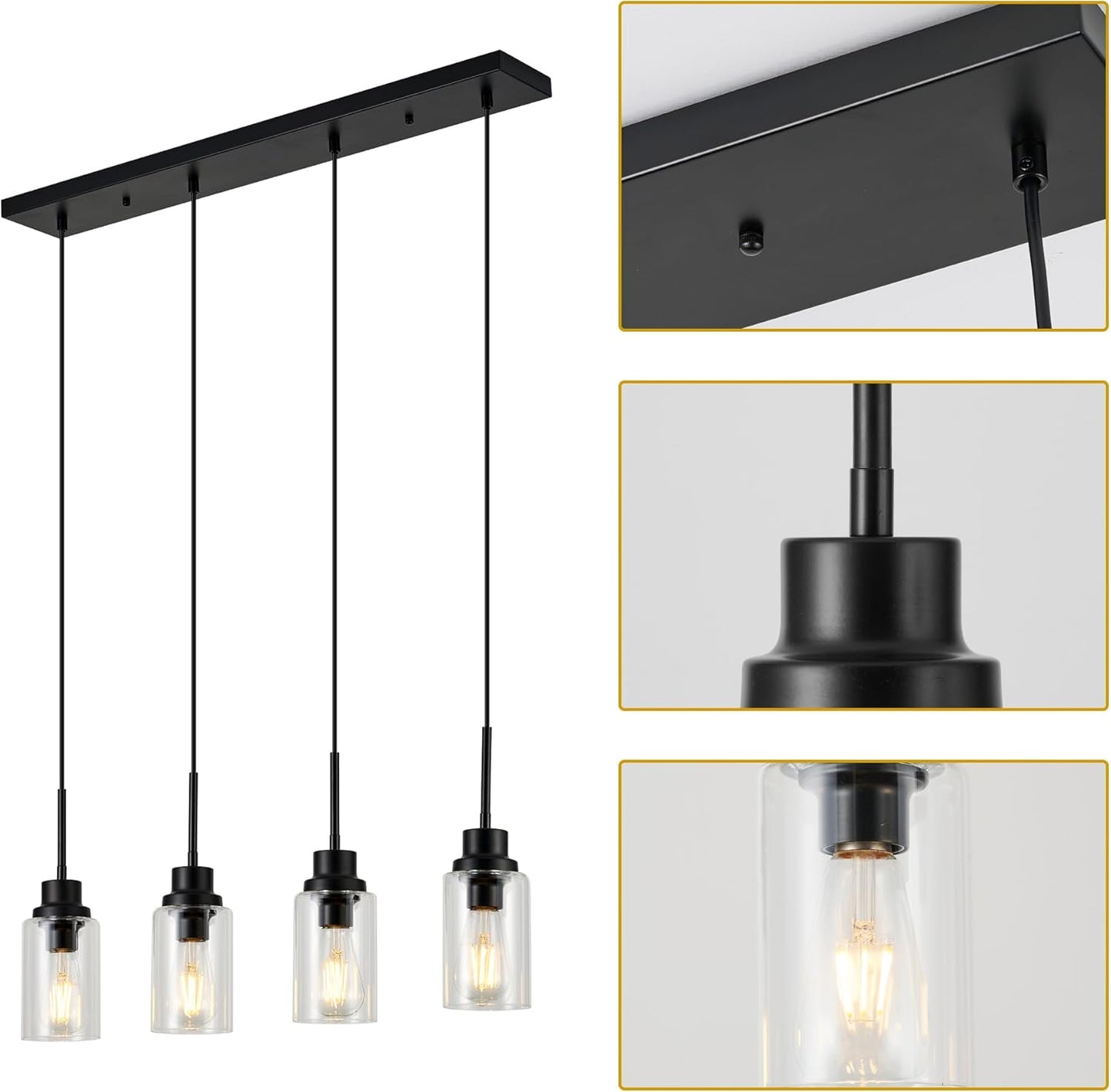 4-Lights Pendant Lighting for Kitchen Island in Black, Ceiling Light Fixtures with Adjustable Hanging Wire & Clear Glass Shades