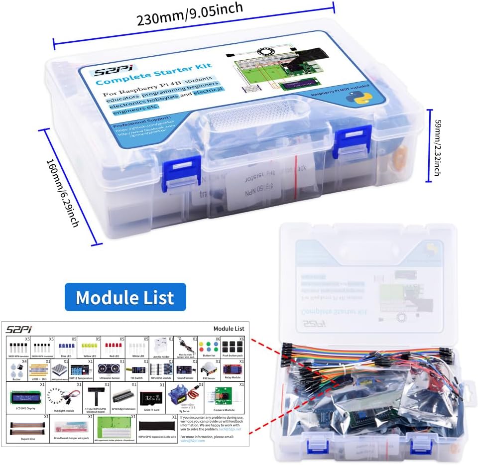 GeeekPi Complete Starter Kit for Raspberry Pi 4B, Python C Java Scratch Code, with 100-Page Tutorial, 16 Projects, 68 Items, ABS Breadboard Holder, Camera Module, Sound Sensor (Pi Board Not Included)