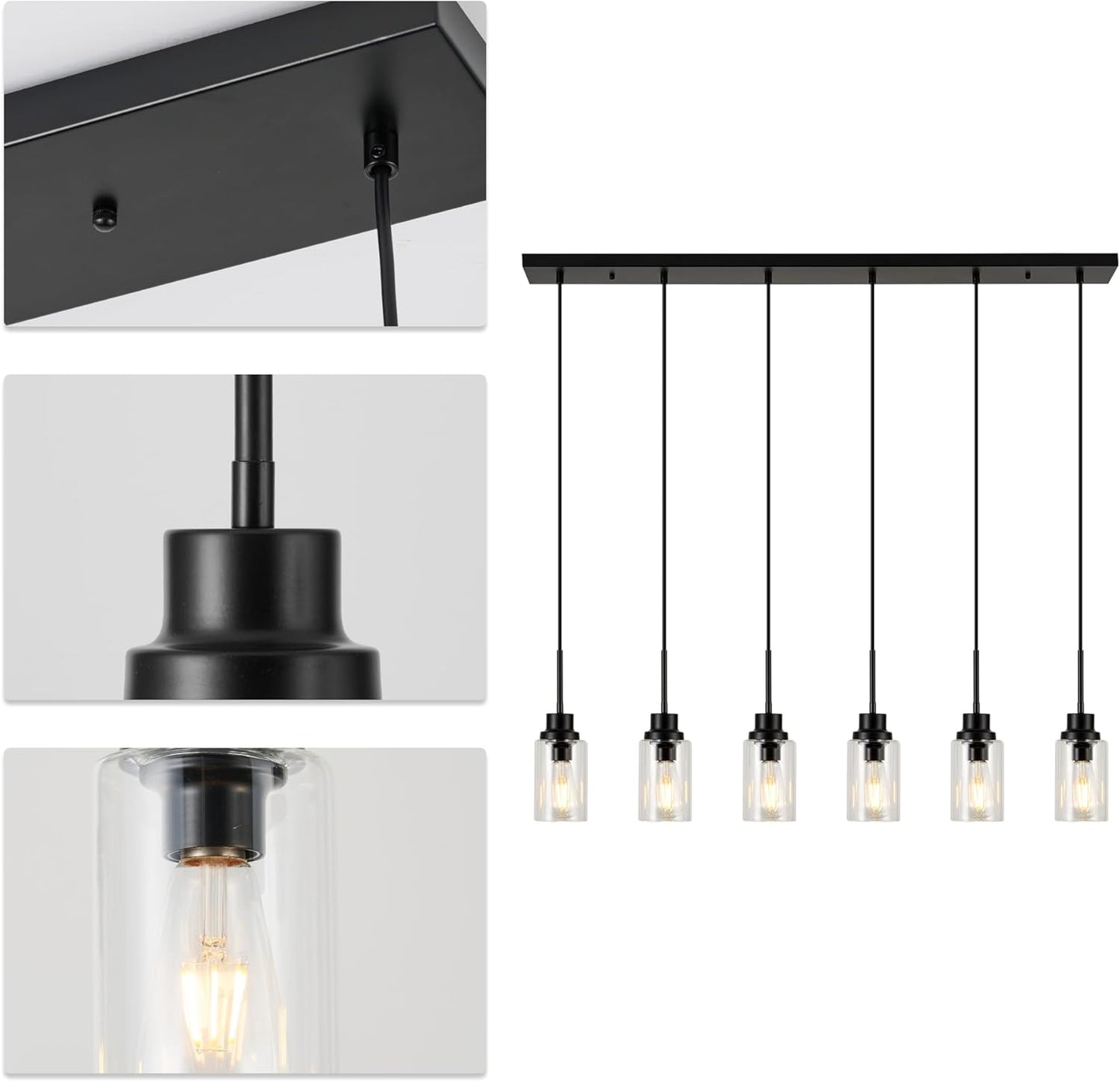 6 Lights Island Lights for Kitchen Modern Industrial Black Linear Chandeliers with Clear Glass Shade for Dining Room Kitchen Long Finish Ceiling Lighting Fixtures
