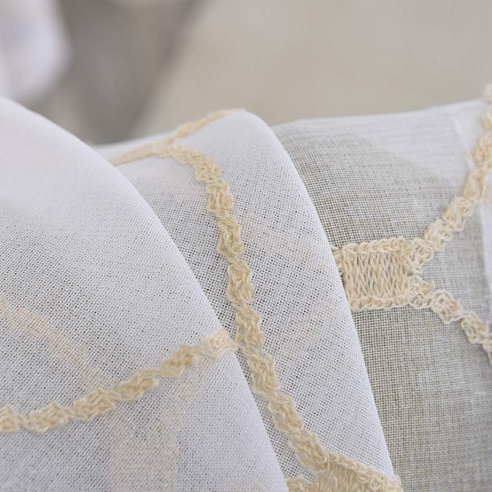 Embroidered Wave Diamond Sheer Curtains Gold 63 Inch Length, Rod Pocket Voile Drapes for Living room, Bedroom, Window Treatments Semi Curtain Panels for Yard, Patio, Villa, Parlor, Set of 2, 52"x 63".