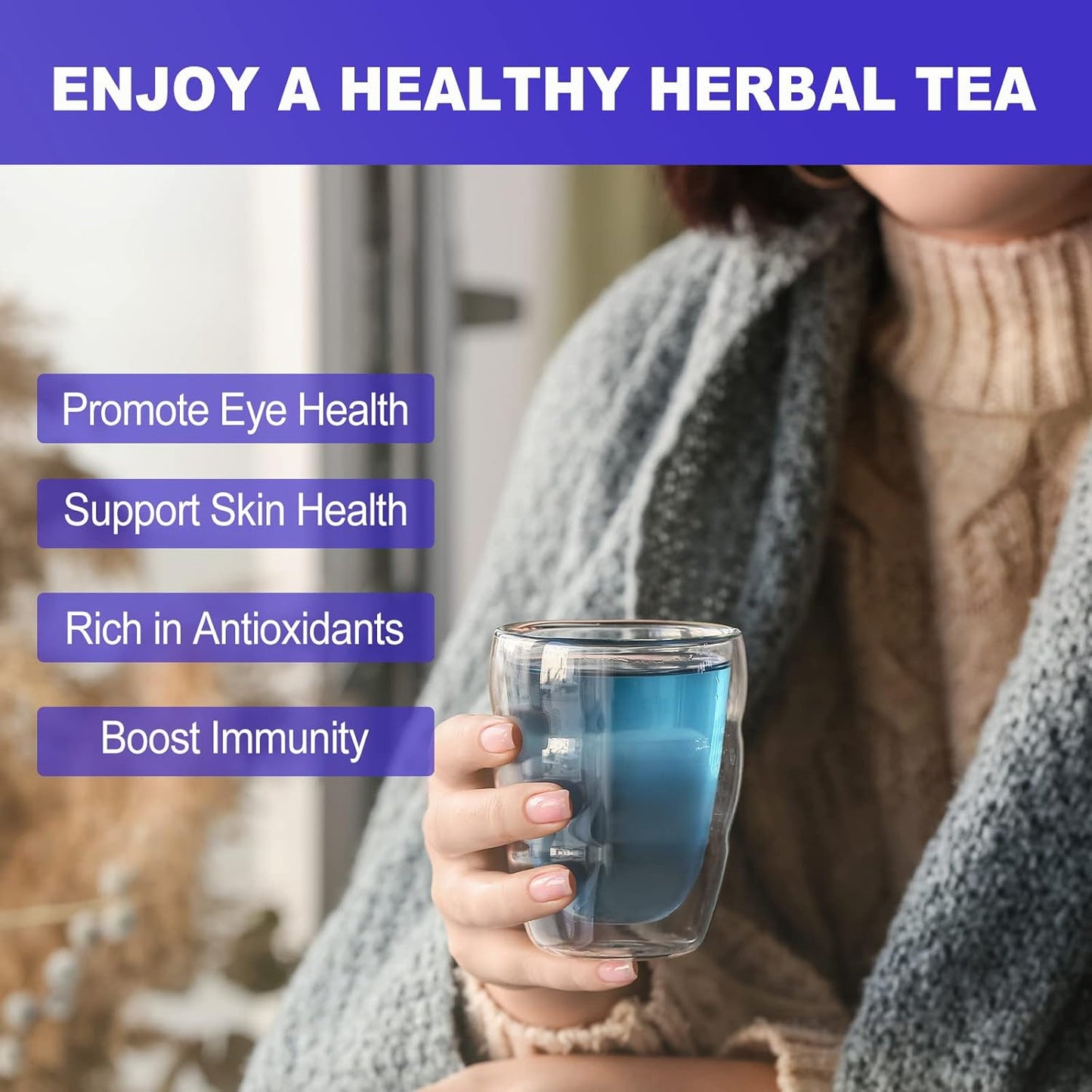 FullChea - Butterfly Pea Flower Tea Bags, 30 Teabags, 1.3g/bag - Premium Dried Butterfly Pea, Cultivated From Thailand - Non-GMO - Caffeine-free - Rich In Antioxidants & Support Eye Health