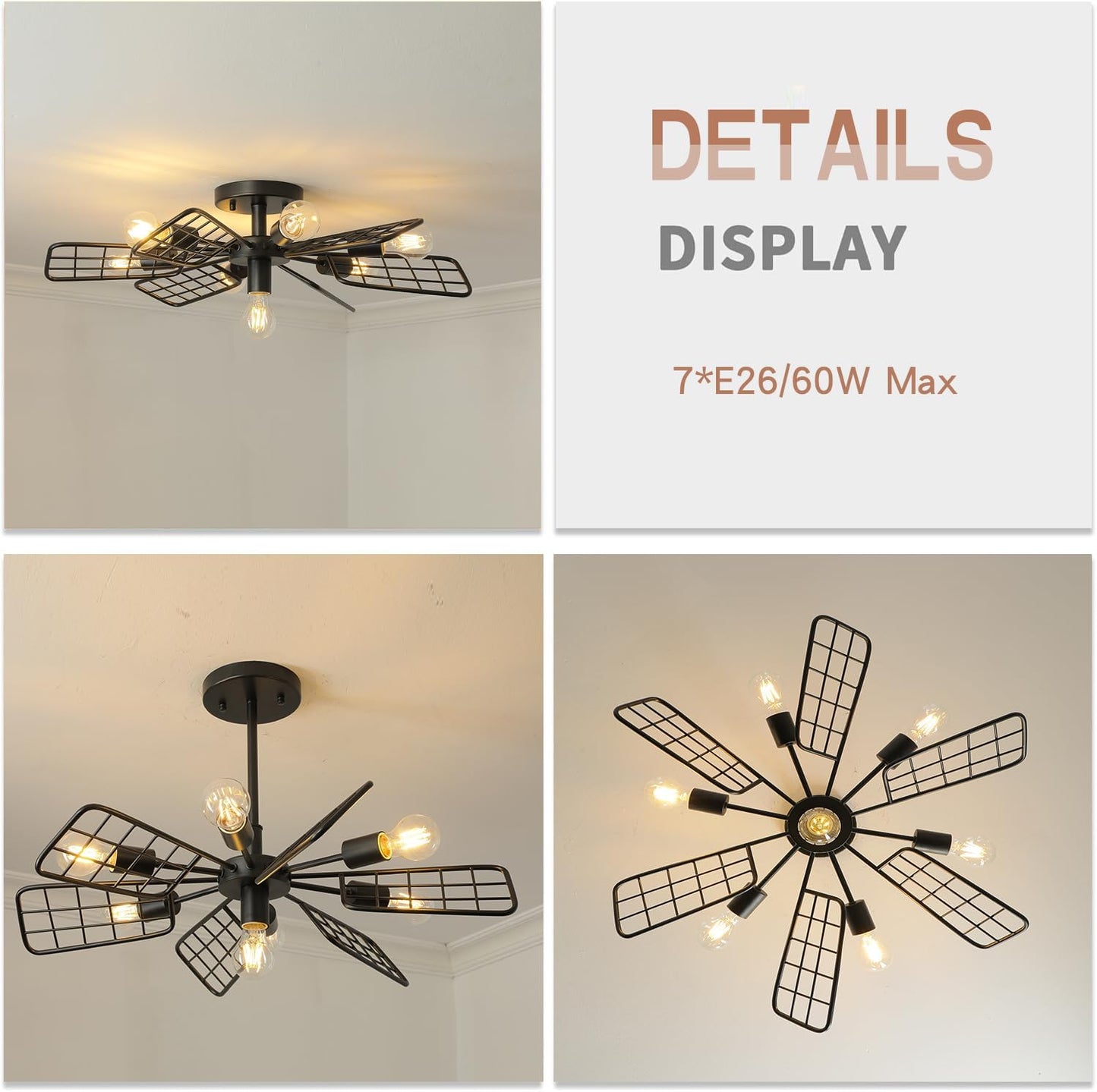 Modern Farmhouse Chandelier,28 Inch Black Metal Geometry Rustic Vintage Semi Flush Mounted Ceiling Light Fixture for Dining Room Bedroom Kitchen Island Hallway Foyer Entryway(7-Light)