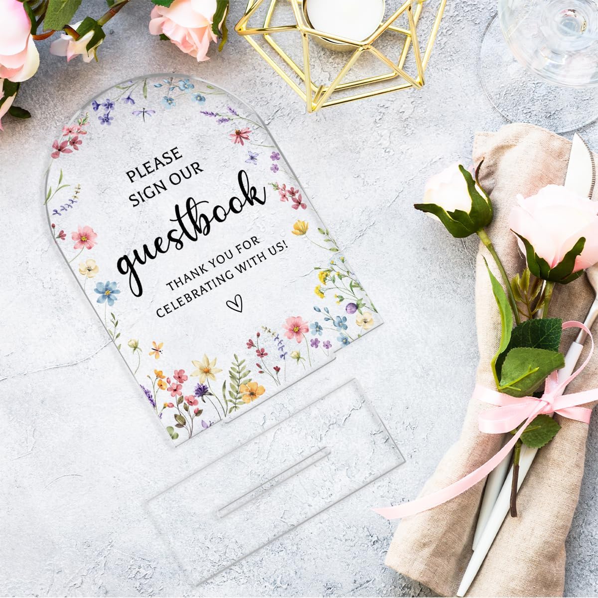 Wedding Sign Decor, Photo Guest Book Sign, 5x7 Inch Arch Acrylic, Wedding Sign for Reception & Event, Bridal Shower Decorations, Wedding Table Sign Accessories for Anniversary And Party (Flower)