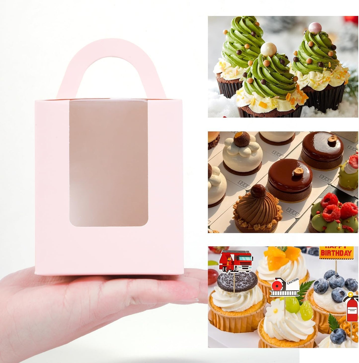 JCD Pink 70packs Cupcakes Containers with Insert Window and Handle,single Cupcake Holders box, Portable Cupcake Carriers for Bakery Wedding Party Favor(Pink/70Pcs)