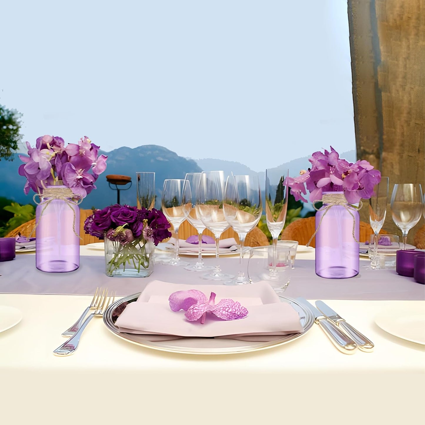 Vintage Glass Flower Vase,6 Pack Farmhouse Purple Glass Centerpiece Vases Mason Jars for Weddings, Parties & Home Decor Bulk (6, Purple)