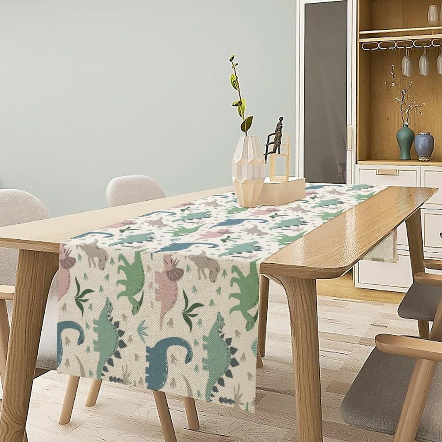 Cartoon Dinosaur Table Runner,Kids Boys Cute Colorful Animal Dino Abstract Print Tablecloth Burlap for Hotel Indoors Outdoor Dining Room Kitchen Holiday Party, 13x108in
