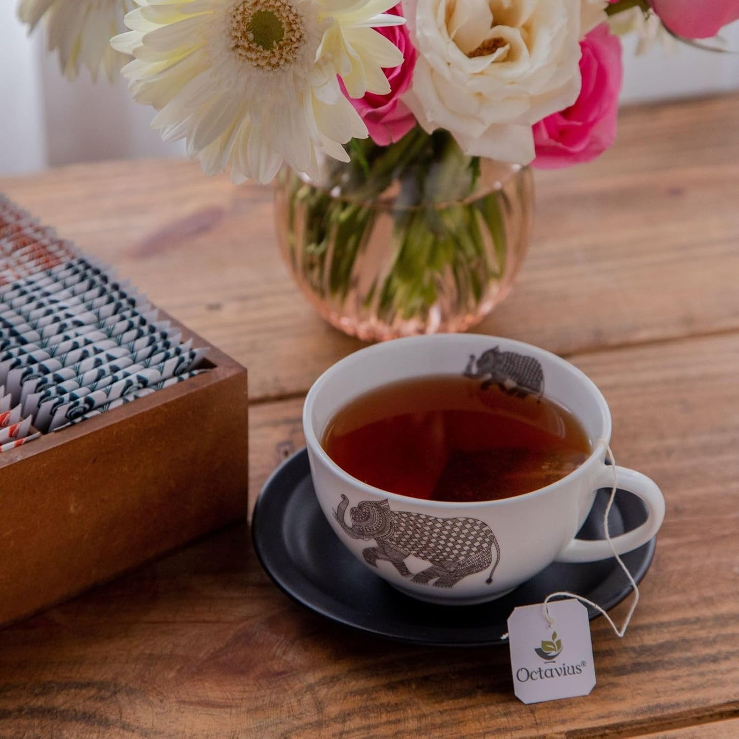 Octavius Gift's Select - Assorted Tea in Multi Design Printed Wooden Box | 6 Flavors, 90 Tea Bags | Black & Green Tea | Tea Gifts for Women & Men | Tea Variety Pack