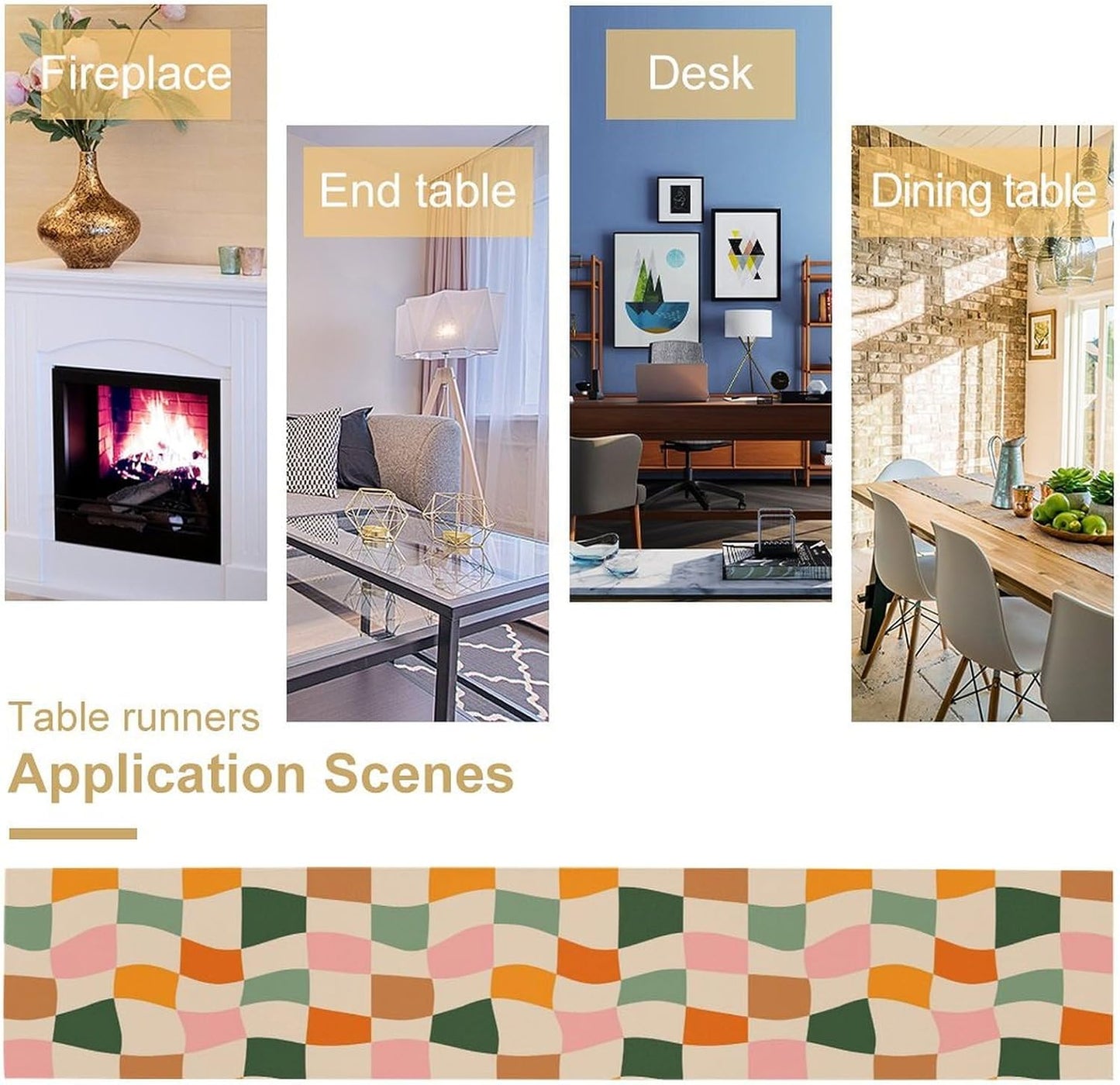 Hippie Table Runner, Vintage Geometric Square Orange Green Pink Grid 60s 70s Style Kitchen Dining Room Decor for Indoor Outdoor Wedding Party Table Runner 13x70 Inch