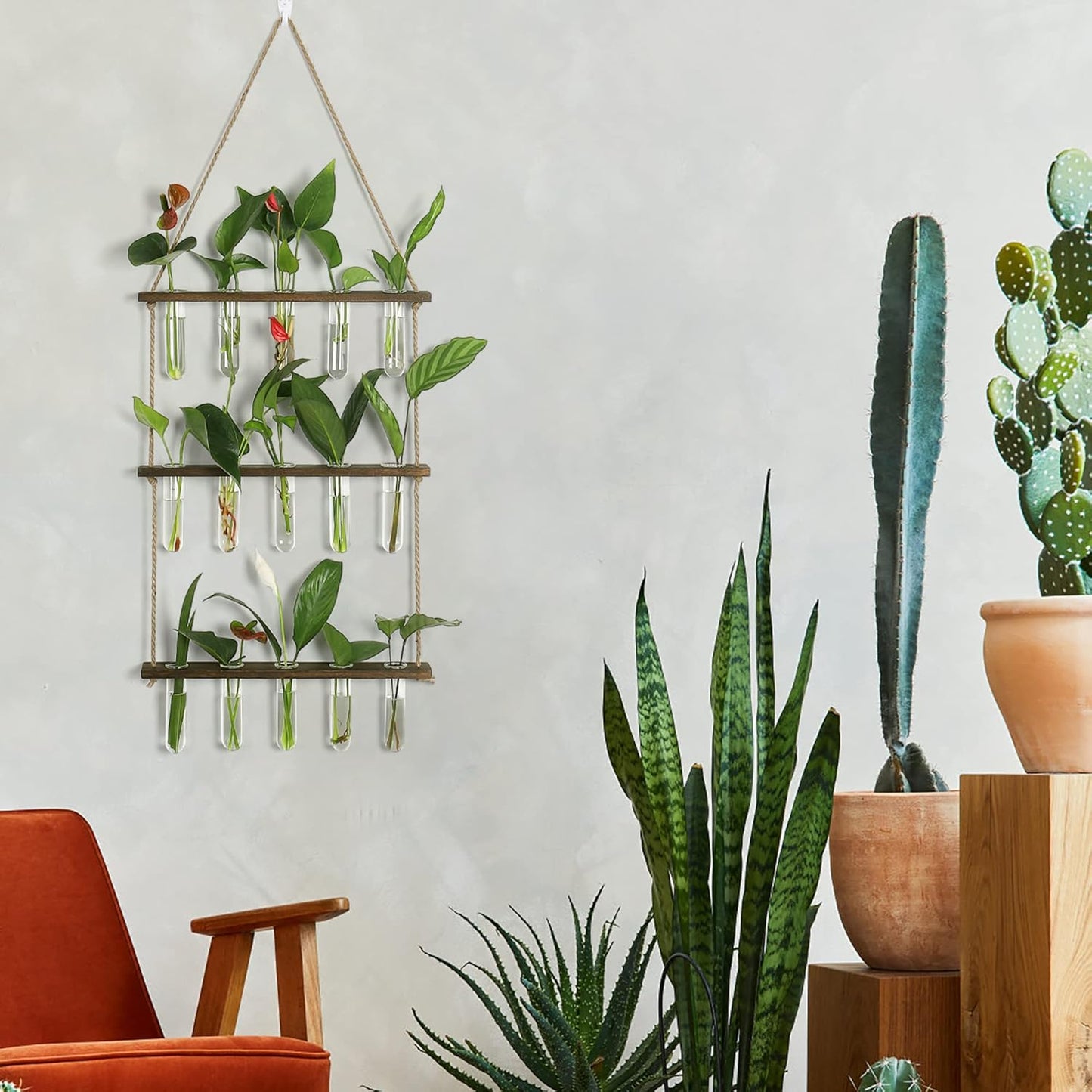 YIBOT Propagation Stations,3 Tiered Wall Hanging Terrarium with Wooden Stand,Mini Glass Test Tubes Vase,Propagation Tubes for Hydroponic Cutting Home Garden Office Decor Plant Lover Gift