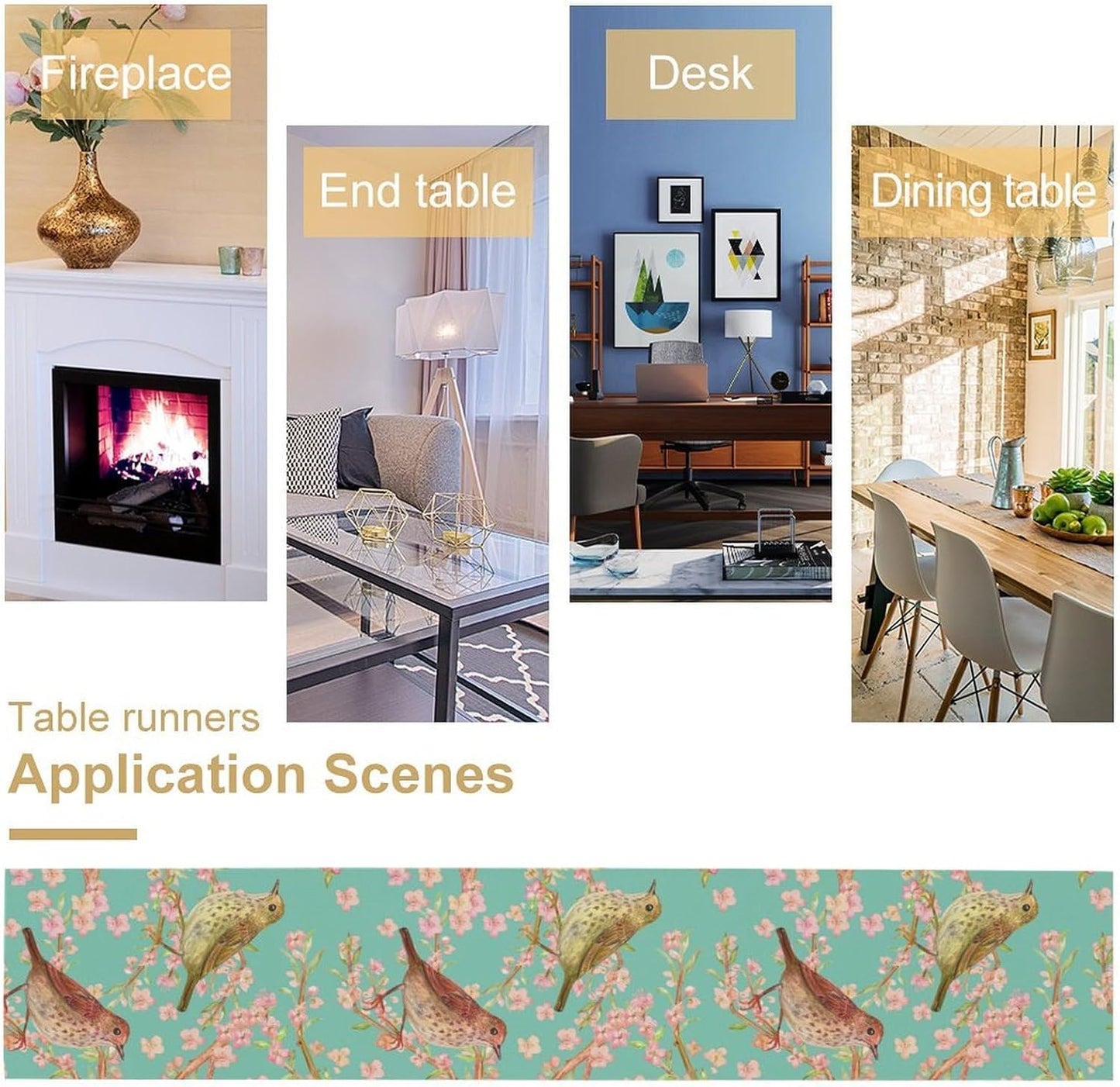 Table Runner with Flowers and Birds, Spring Plant Flowers Table Decoration Linen Table Runner Family Party Party Decorations 13x108 Inches