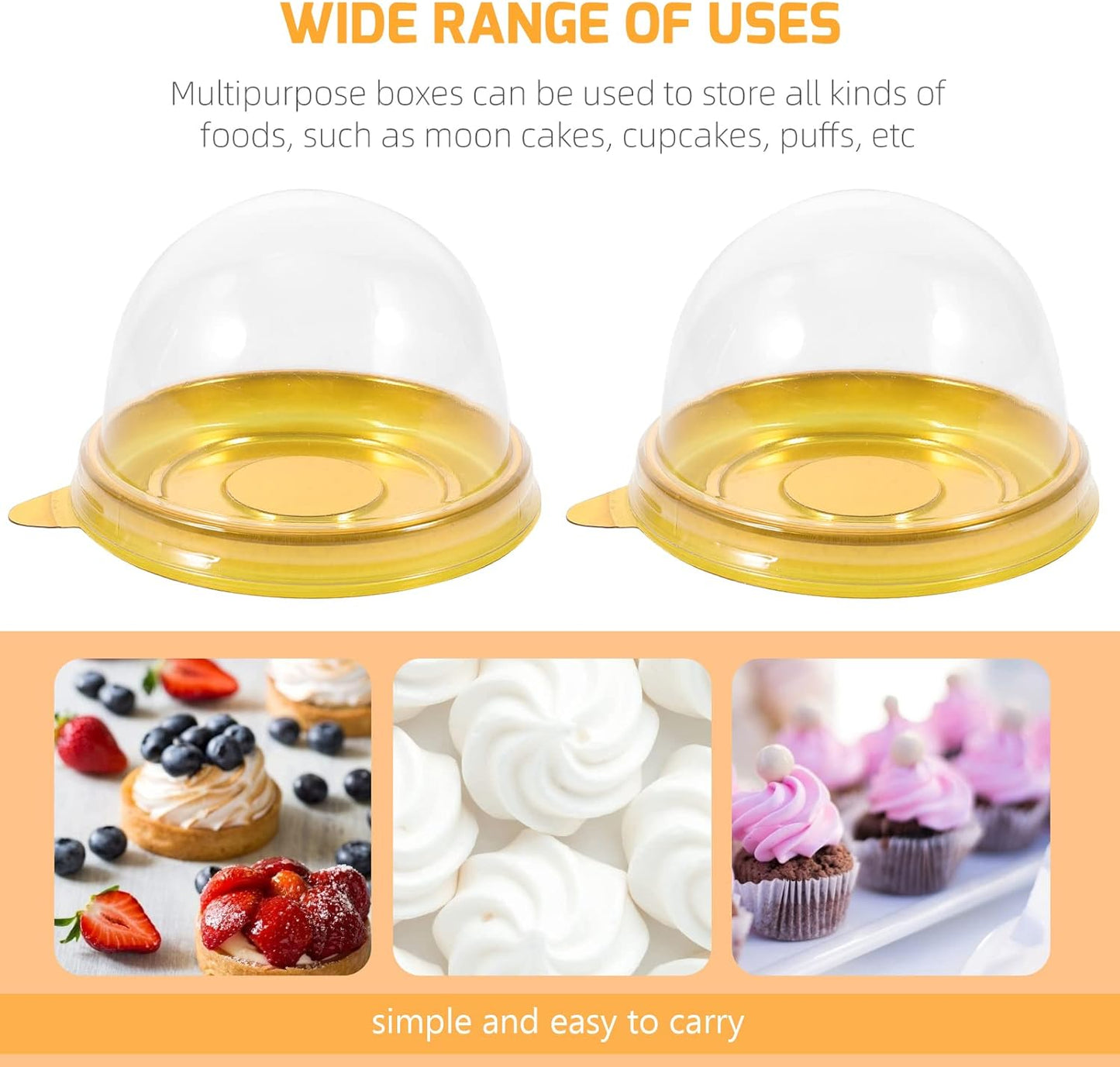 NUOBESTY Individual Cupcake Boxes, 100pcs Golden Tray Round Plastic Transparent Dome Cupcake Boxes Egg-Yolk Puff Food Container Single Mooncake Dome Boxes Baking Packing Box |2.75x2.75x1.96 inch