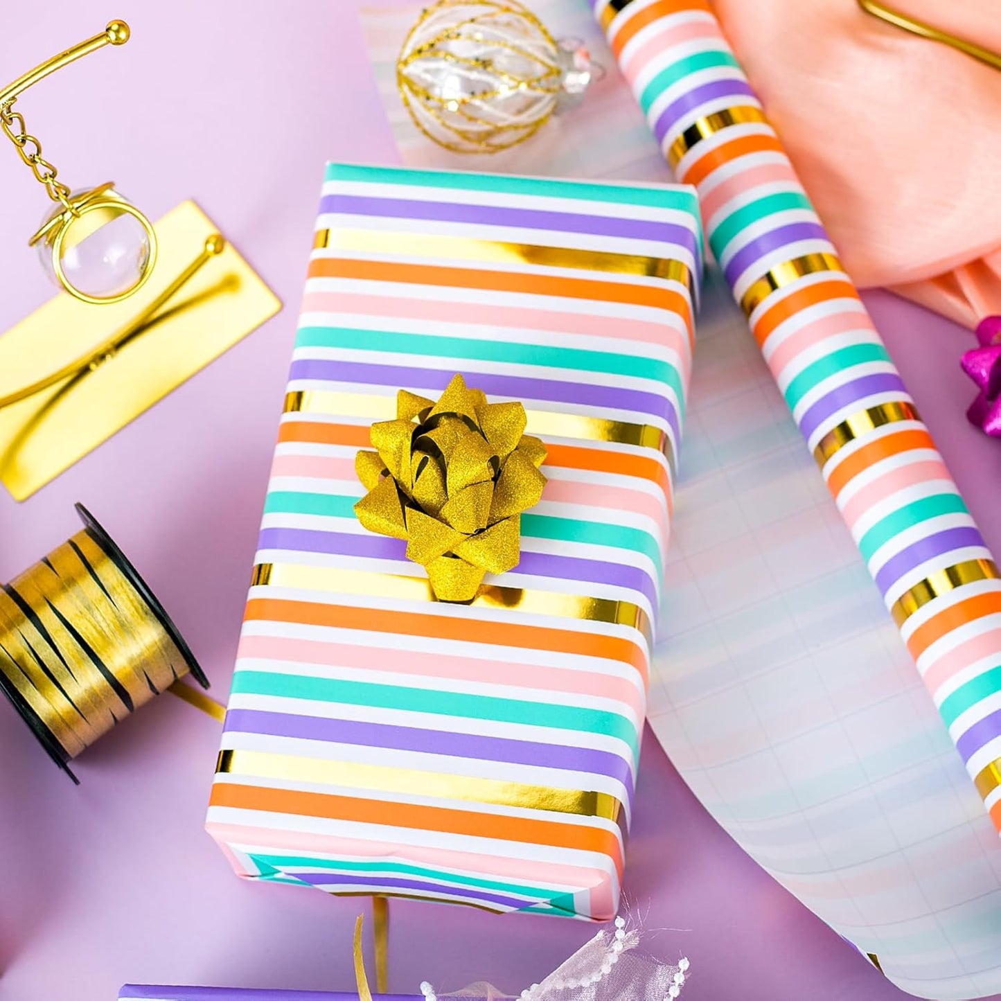 Yarcony Gift Wrapping Paper Roll, Rainbow Wrapping Paper, Colorful Stripes Gift Wrap with Gold Foil for Birthday, Baby Shower, Wedding, Christmas, All Occasions (Mini Roll, 17 Inch X 16.5 Feet)