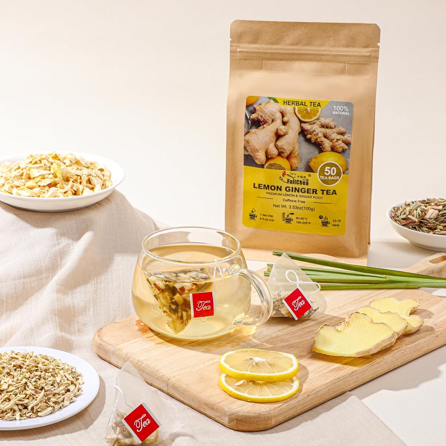 FullChea - Lemon Ginger Tea Bags, 50 Teabags - Pleasantly Spicy & Warming - Non-GMO - Caffeine-free - Support Healthy Digestion & Boost Immunity