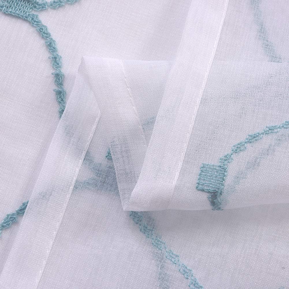 Embroidery Sheer Curtains Blue 84 Inches, Rod Pocket Voile Drapes for Living room, Bedroom, Window Treatments Wave Diamond Semi Crinkle Curtain Panels for Yard, Patio, Villa, Set of 2, 52"x 84".