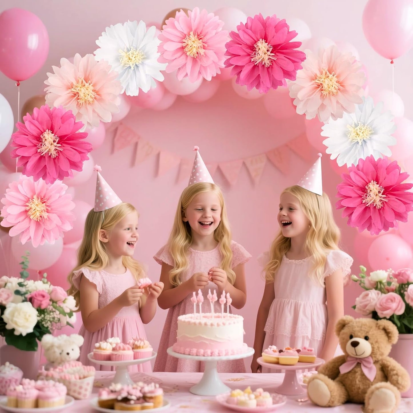 12 Pcs Pink Tissue Paper Flowers Daisy Tissue Paper Pom Poms Party Decorations Spring Party Decoration Paper Flowers Decorations for Wall Backdrop Garden Wedding Decor