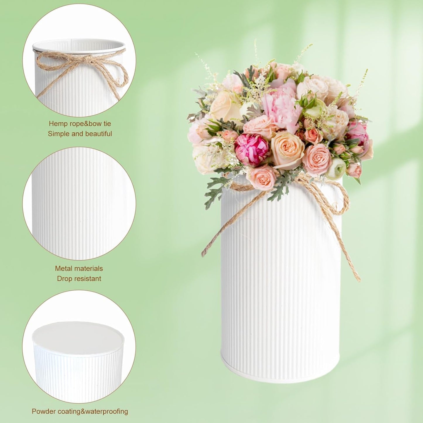 6" High Farmhouse Vases for Centerpiece, Rustic Mason Jars with Twine Bow for Flowers, Vintage Galvanized Metal Vase Tin Bucket for Wedding Home Decor (White, 6Pcs)