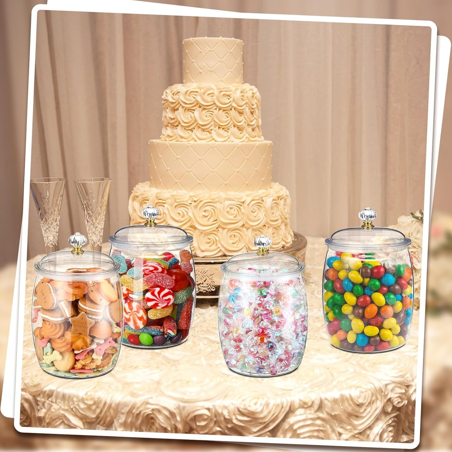 Nuogo 4 Pcs Plastic Candy and Cookie Jars with Lids Clear Cookie Container Candy Jars Large Airtight Apothecary Storage Organization for Wedding Home Kitchen Bar(80 oz)