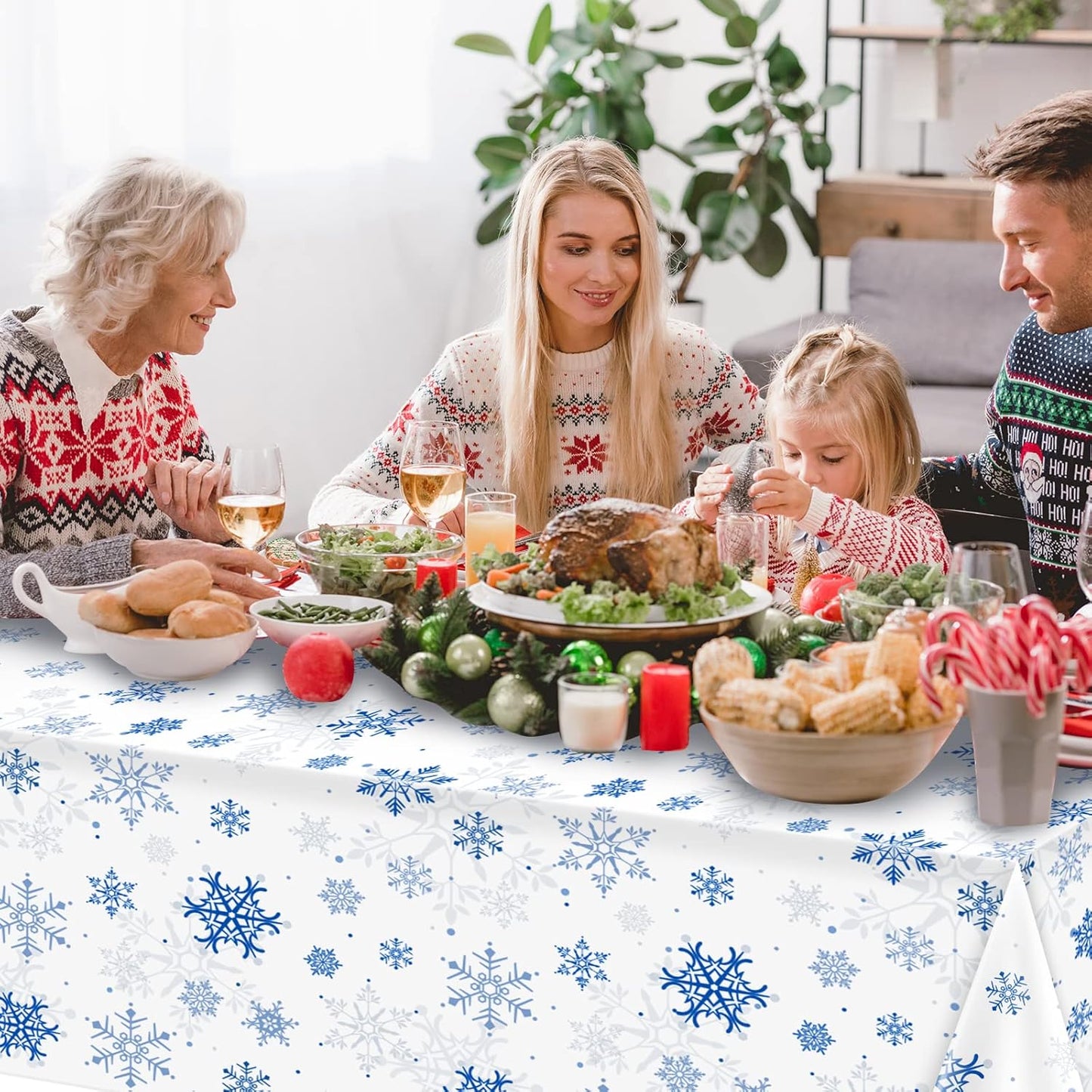 8 Pieces Snowflake Christmas Party Tablecloth Decorations,Plastic White Snowflake White Blue Xmas Backdrop Sign Table Cover Banner for Winter Christmas Holiday Party Supplies,54x108 inch(White/Blue)