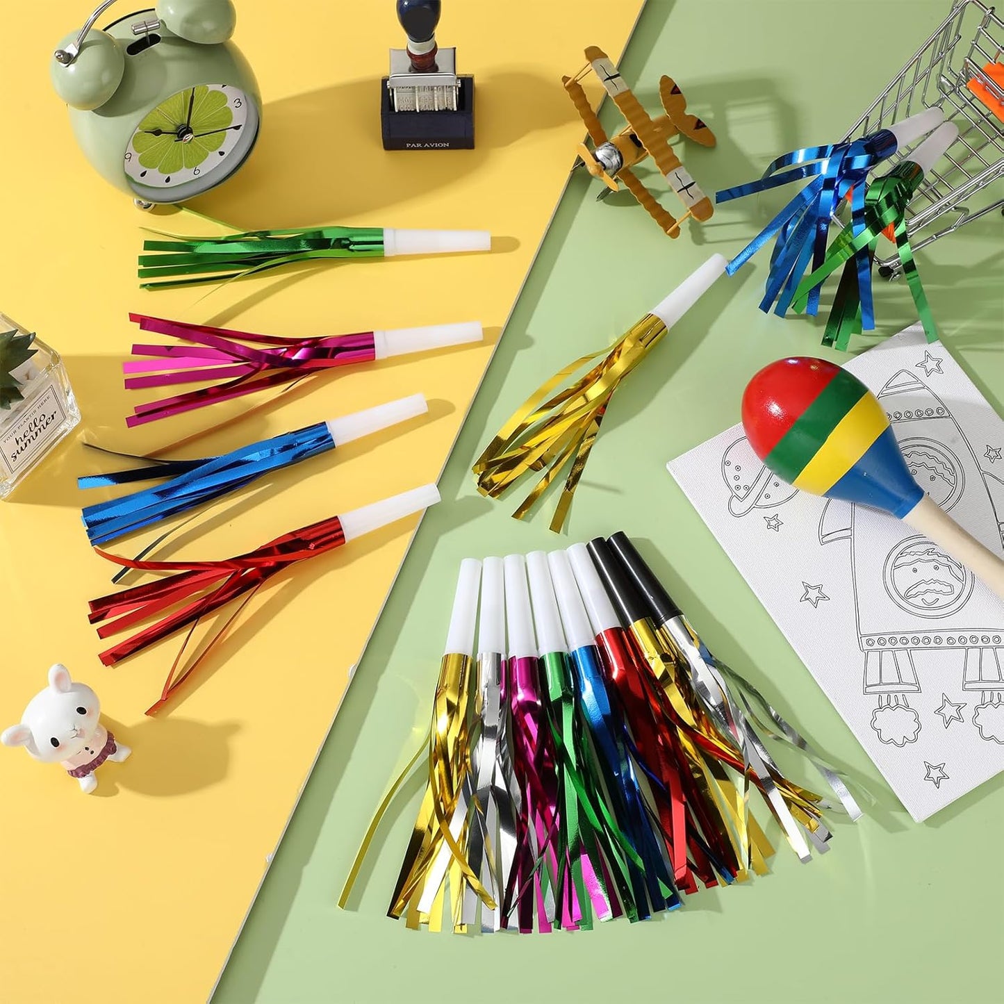 Metallic Fringed Noise Makers, 24 Pcs, Gold White, Silver White, for Noise Makers Party Favors, Baby Shower, Kids Birthday, New Year Party