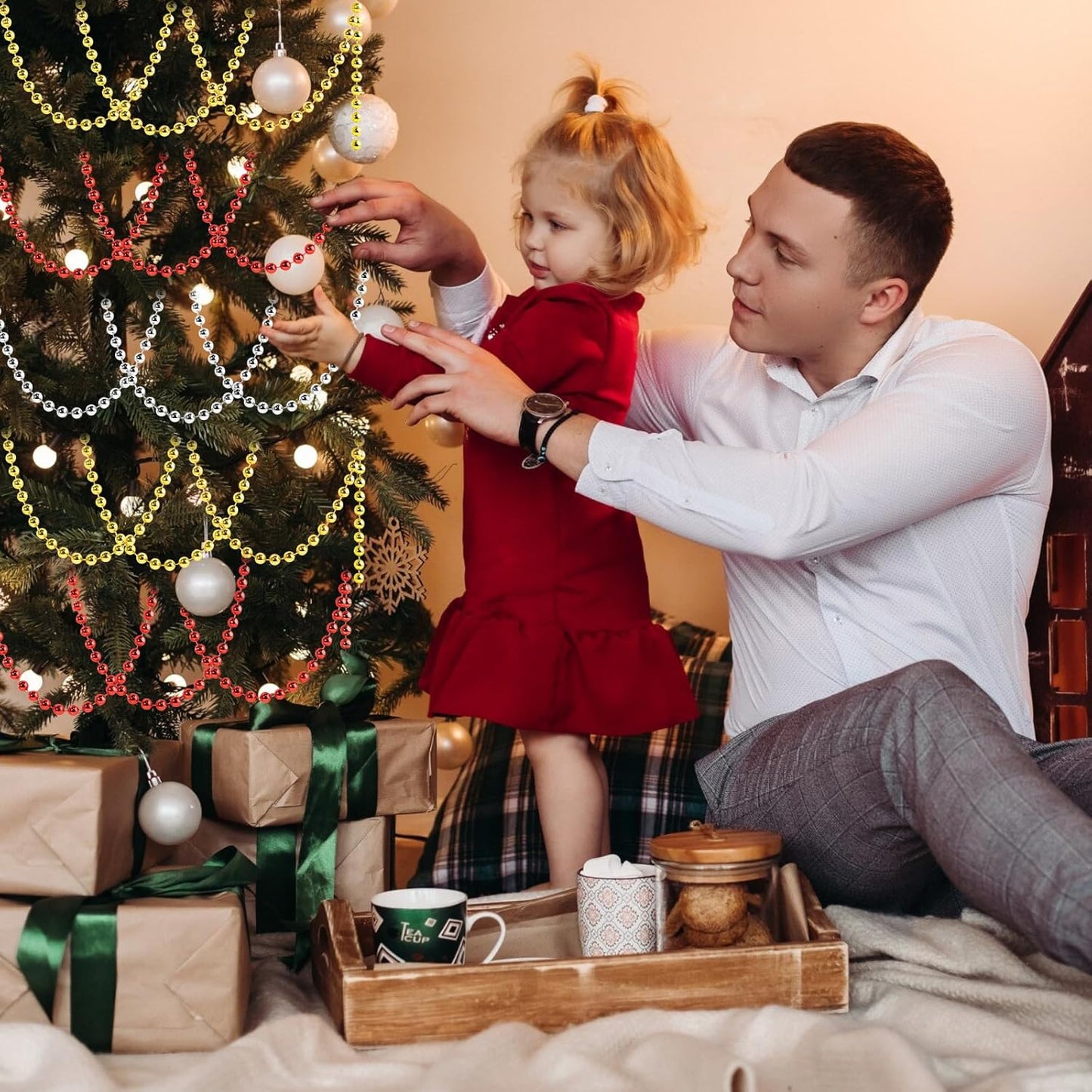 Faux Red Pearl Beads Garland - 6mm Christmas Tree Beads 22 Yards Red Pearl Strands Spool Pearl String Bead Roll for Wedding Party Christmas Tree Decoration