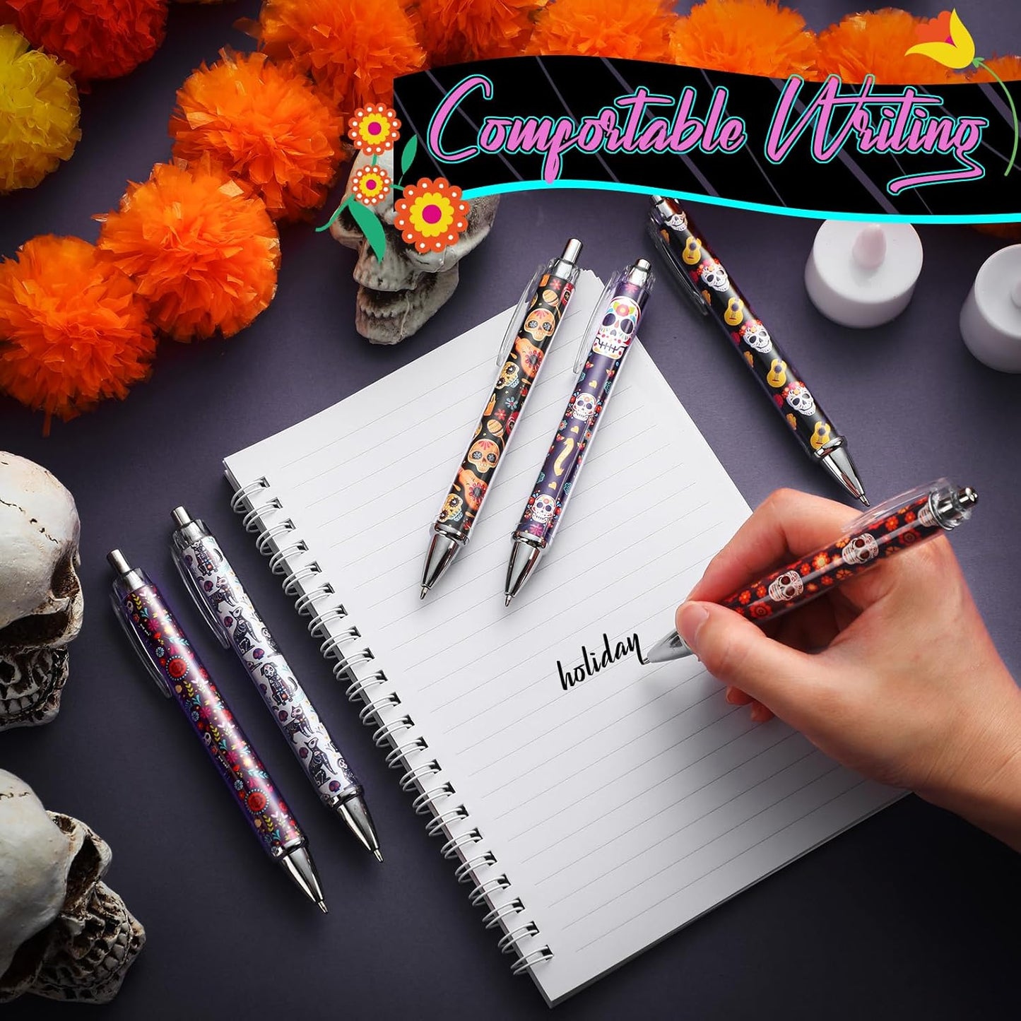 24 Pcs Day of the Dead Gifts Pens Dia De Muertos Party Favors Skull Ballpoint Pen Halloween Party Decoration Dia De Muertos Gifts for College Office Business Men Women Retired Supply