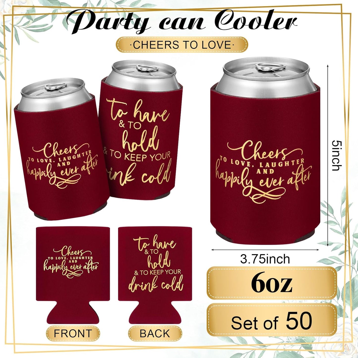50 Pieces Burgundy Wedding Can Cooler Sleeves Bulk Engagement Party Favors for Guests Cheers to Love Laughter and Happily Ever After Rehearsal Dinner Decorations for Wedding Bridal Parties