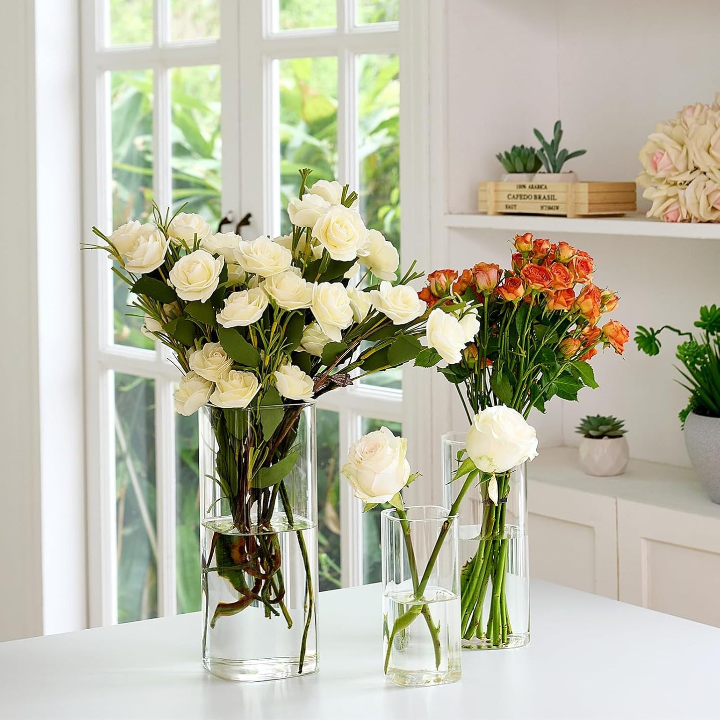 3 PCS Modern Square Glass Cylinder Vases Set (6/8/10 Inch) – Elegant Bud Vases, Floating Candle Holders & Wedding Centerpiece Displays for Home Decor, Holidays, Housewarming Gifts