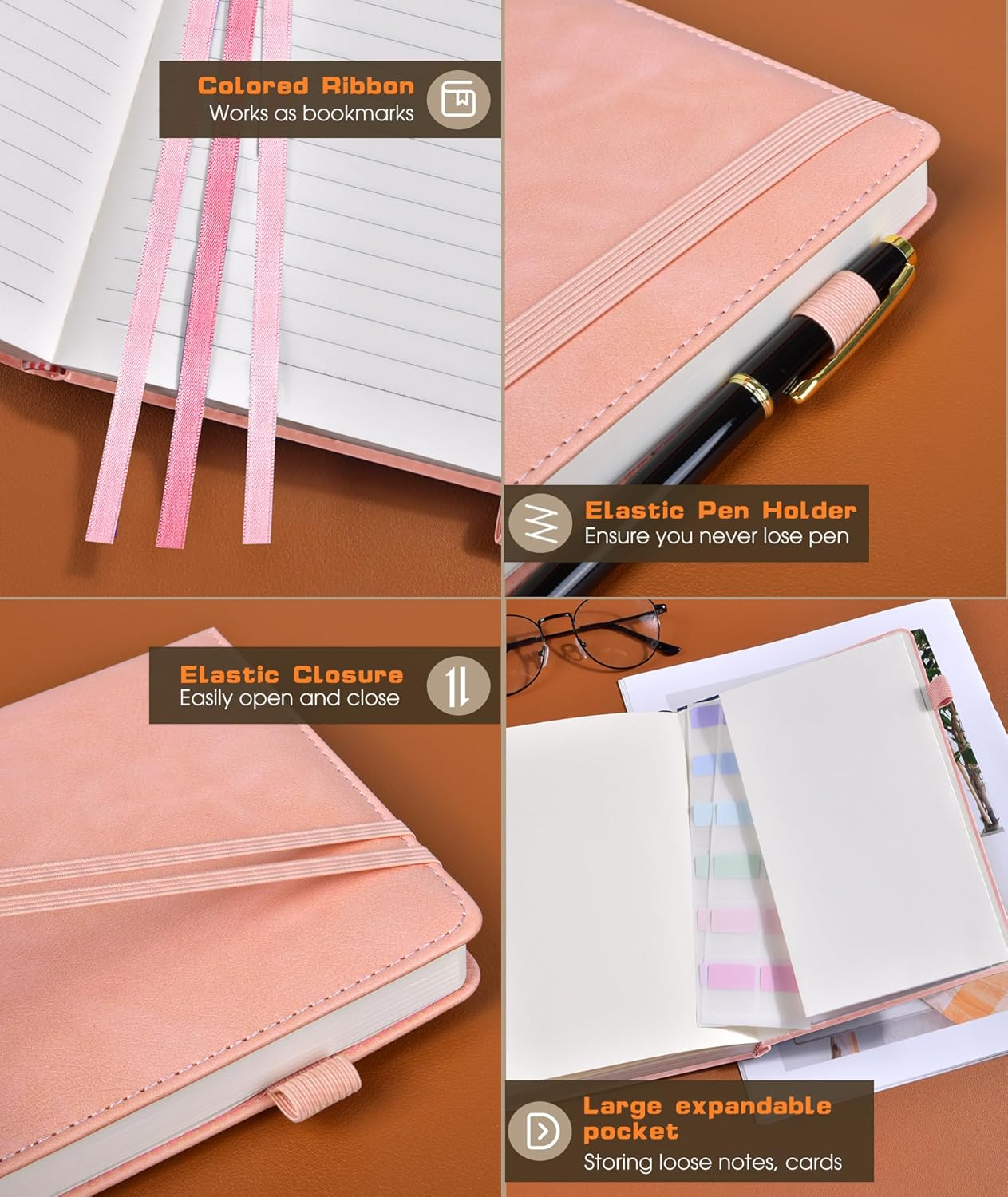Lined Journal Notebook for Women Men, 256 Numbered Pages Hardcover Leather Journals for Writing, A5 Journaling Notebooks, College Ruled Journal for Business Work School 5.75" x 8.38" Pink leather