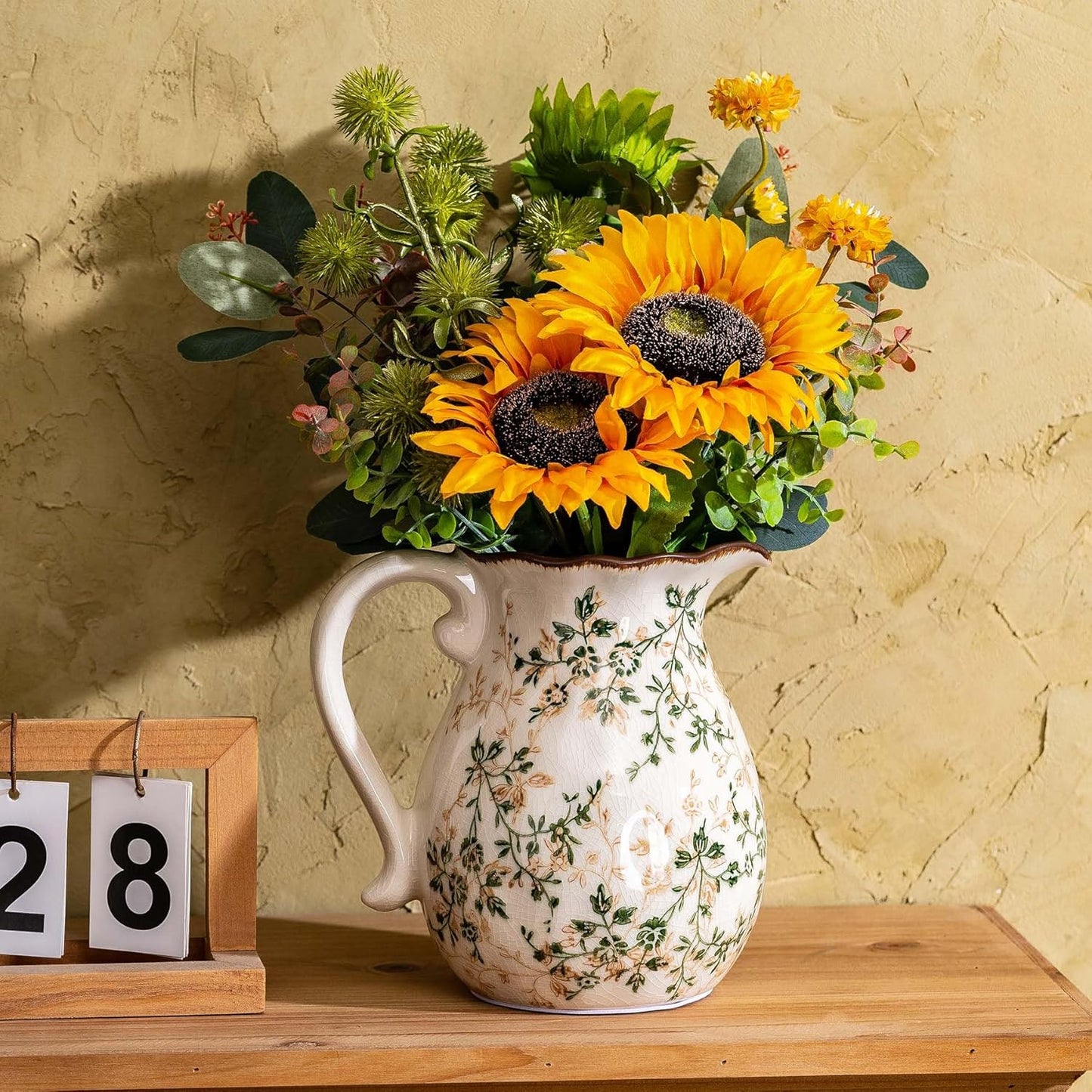 Green and White Vintage Vase with Handle, Chinoiserie Floral Pitcher Vase, Rustic Ceramic Farmhouse Vases for Home Decor, Living Room, Bookshelf, Office, Grand Millennial Decors, Tuscan Decor 7.9 Inch