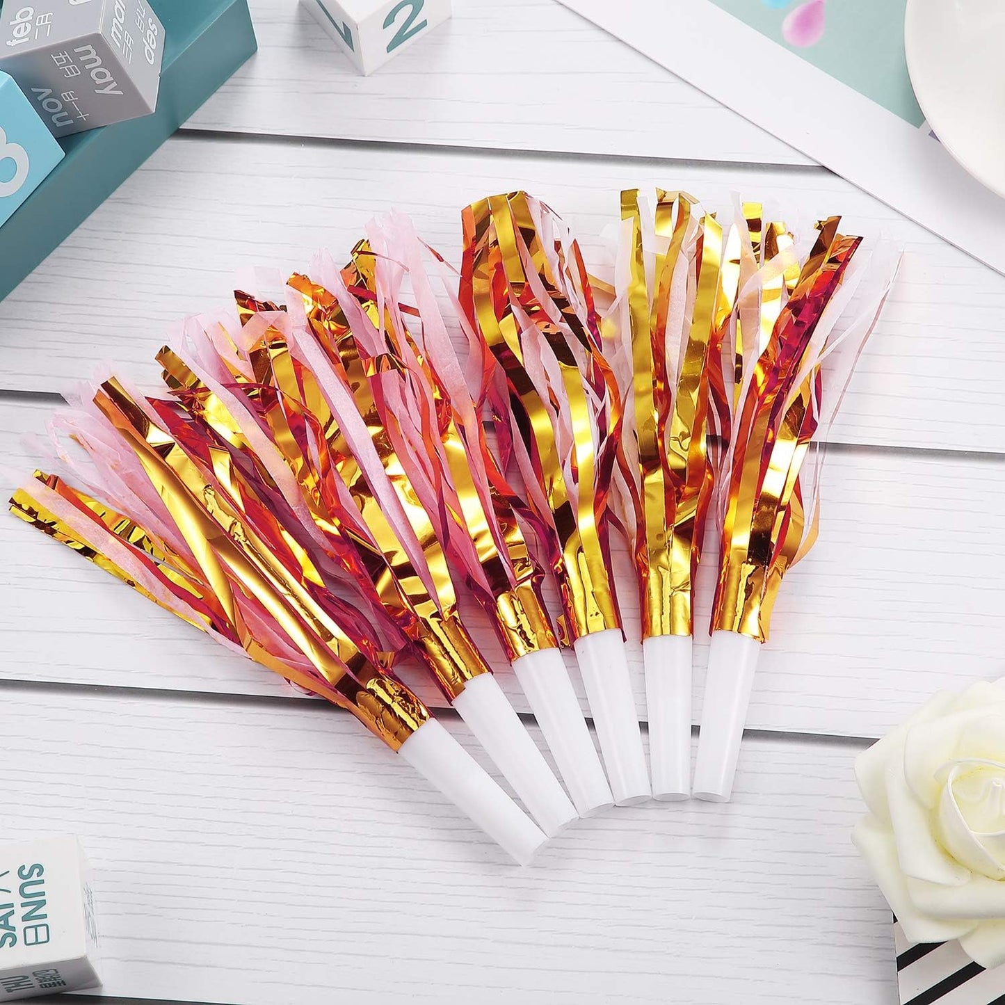 24 Pieces Gold Noise Makers Glitter Metallic Fringed Party Blowers Pink Musical Blowouts Whistle Adults Blower Horns for Birthday Baby Shower New Year Eve Party Favor Supplies Decoration