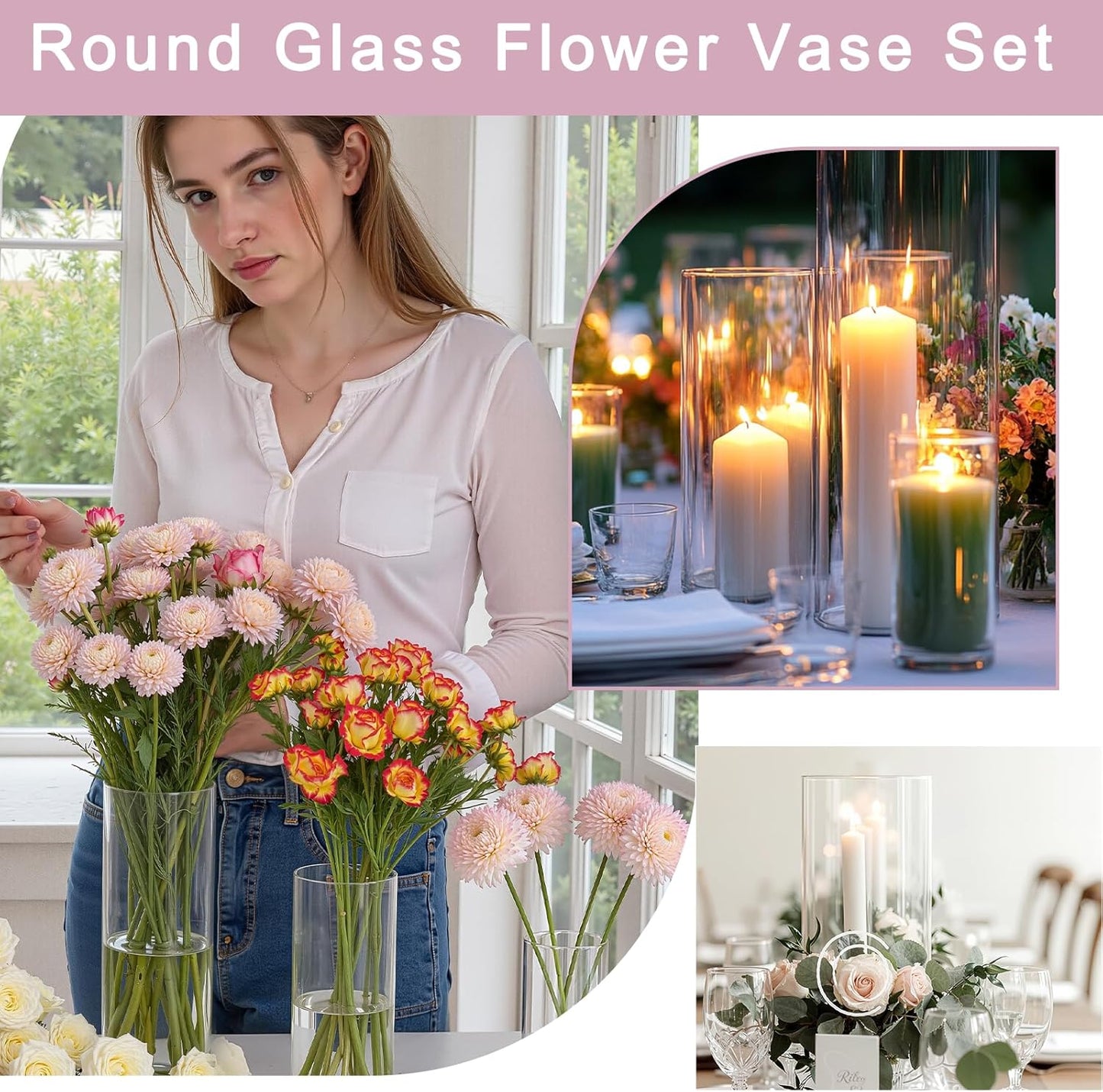 3 PCS Modern Glass Cylinder Vases Set (6/8/10 Inch) – Elegant Bud Vases, Floating Candle Holders & Wedding Centerpiece Displays for Home Decor, Holidays, Housewarming Gifts