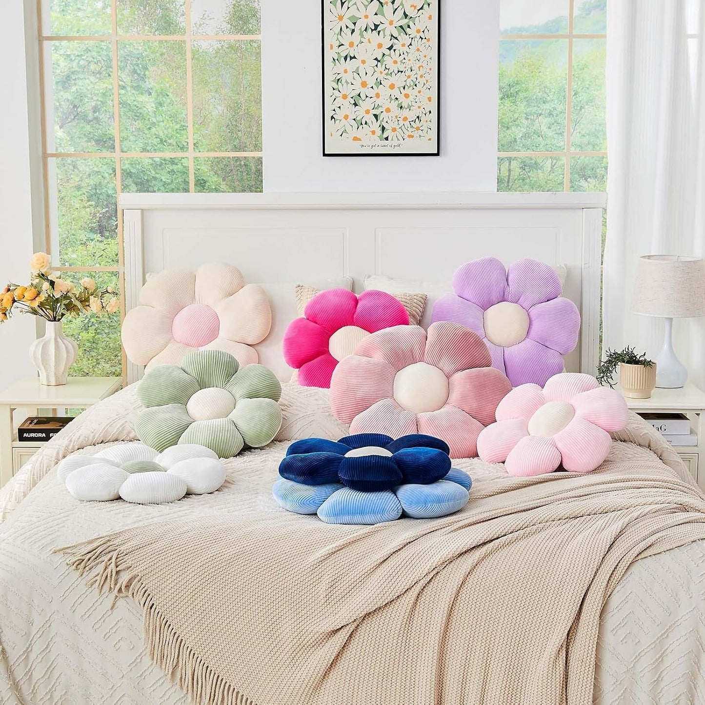 Dusty Blue Flower Pillow, 17.7" Cute Flower Shaped Floor Pillow, Aesthetic Floral Plush Daisy Decorative Throw Pillows for Bed Sofa Couch