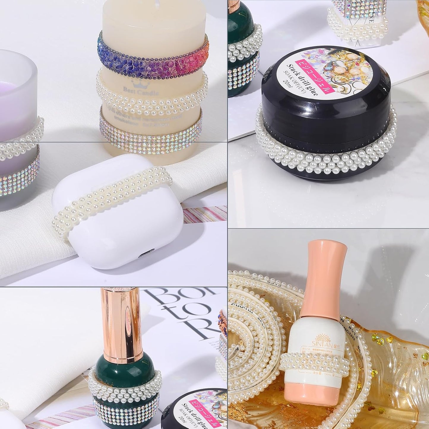 Off-White Pearls Ribbon 3 Yards Self Adhesive Pearls Strips Diamond Ribbon Sticker Crystal Roll Glitter Bling Rhinestones Tape for Crafting DIY Art Decoration (0.4 Inch)