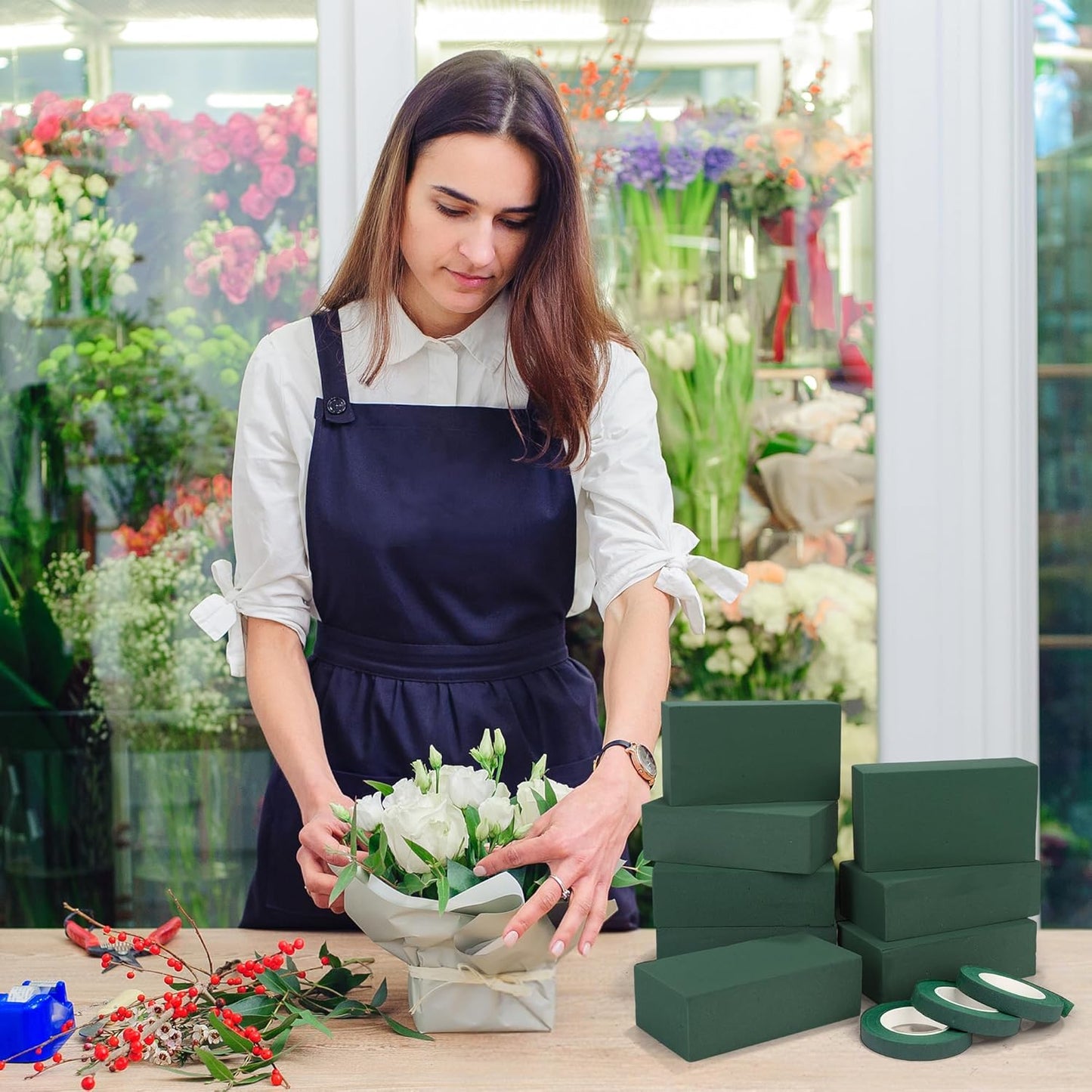 Aneco 8 Pieces Floral Foam Blocks with 2 Rolls Floral Tape 5.5''L x 3.1''W x 1.8''H Green Square Flower Foams Flower Arrangements Supplies for Dry & Wet Flower Wedding Home Decor and DIY Crafts