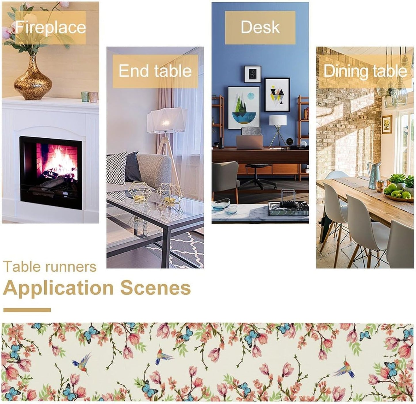 Floral Butterfly Table Runner Seasonal Spring Flower Bird Table Decoration Table Runner for Home Party Decoration 13x36 Inch