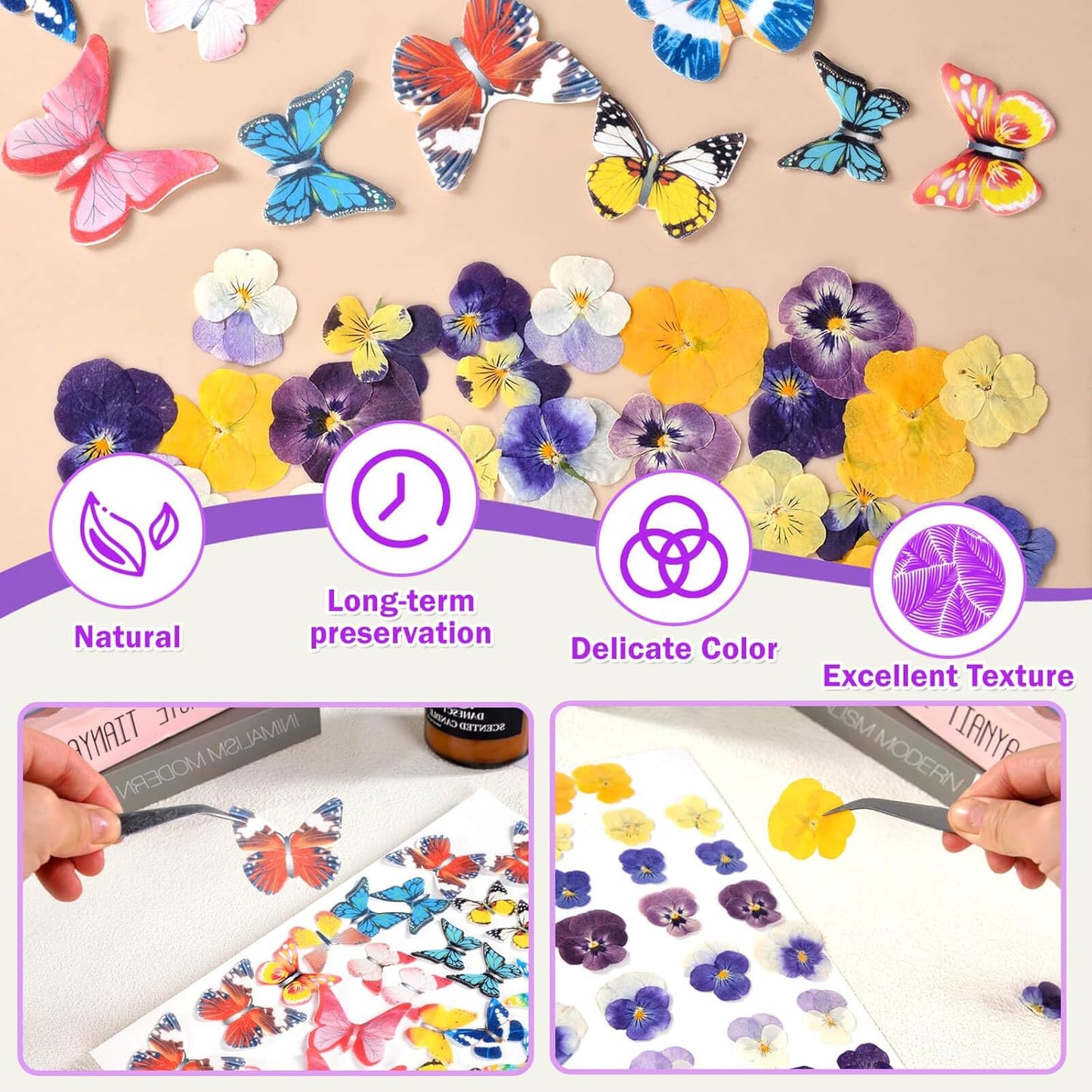 80 Pcs 8 Kinds Natural Real Dried Pressed Edible Flowers & Edible Butterflies for Cake Topper Decorating - Mix Viola Tricolor for Cupcake Toppers, Cocktails, Resin Jewelry Making, DIY Art Crafts