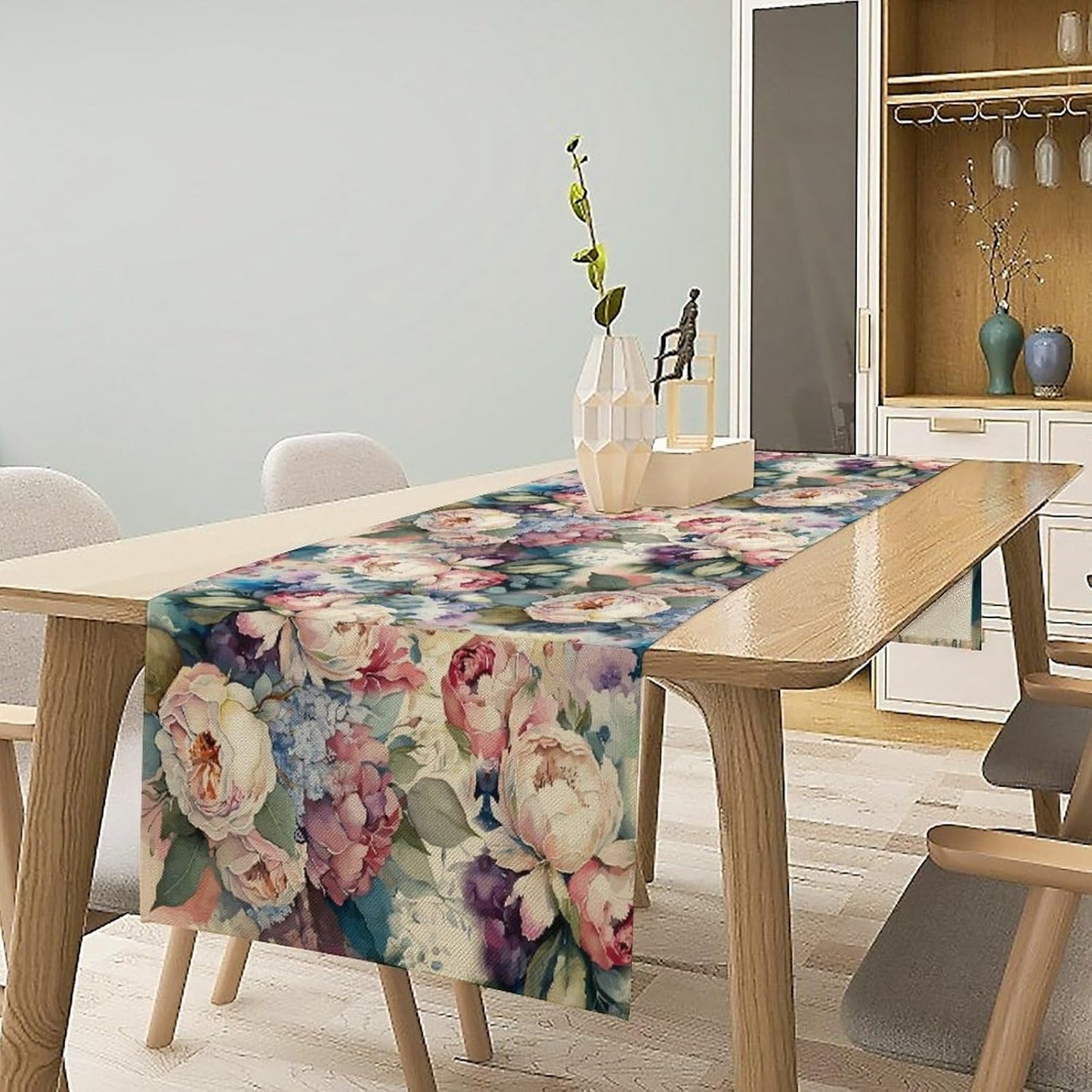 Vintage Floral Table Runner,Girls Women Rose Romantic Leaf Botanical Watercolor Pattern Print Burlap for Hotel Indoors Outdoor Dining Room Kitchen Holiday Party, 13x36in