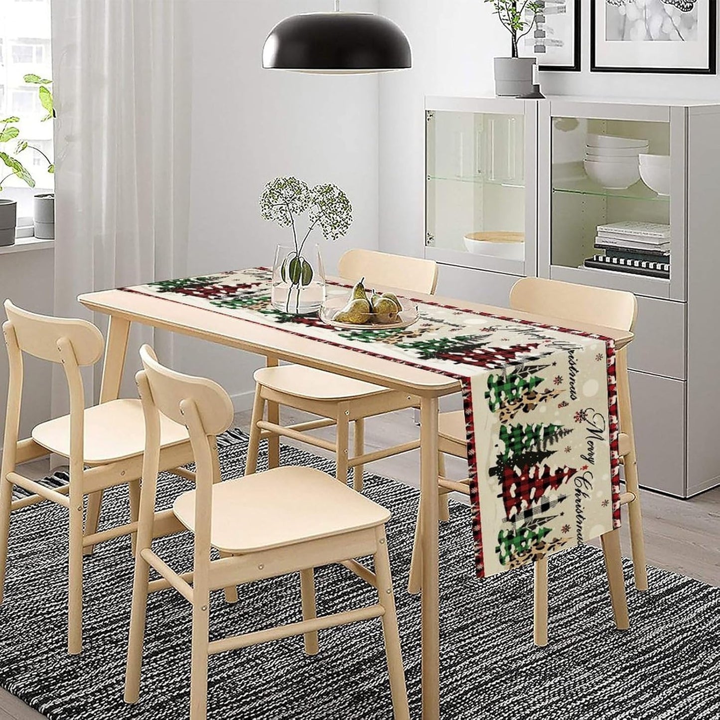 Christmas Tree Table Runner,Farmhouse Xmas Trees Buffalo Plaid Winter Snowflake Tablecloth Burlap for Hotel Indoors Outdoor Dining Room Kitchen Home Decor,W13X L80 in