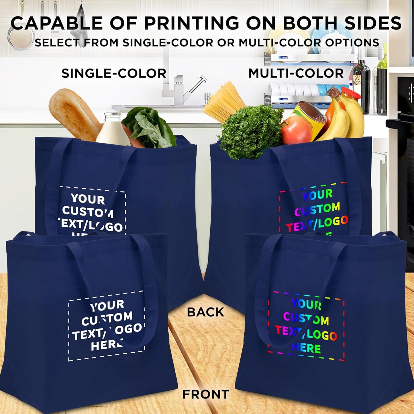 DISCOUNT PROMOS Custom Southern Style Grocery Tote Bags Set of 10 - Personalized Bulk Pack, Reusable Grocery & Shopping Bags - Great for Travel, Business Promotions - Navy Blue - 20"X13"X8"