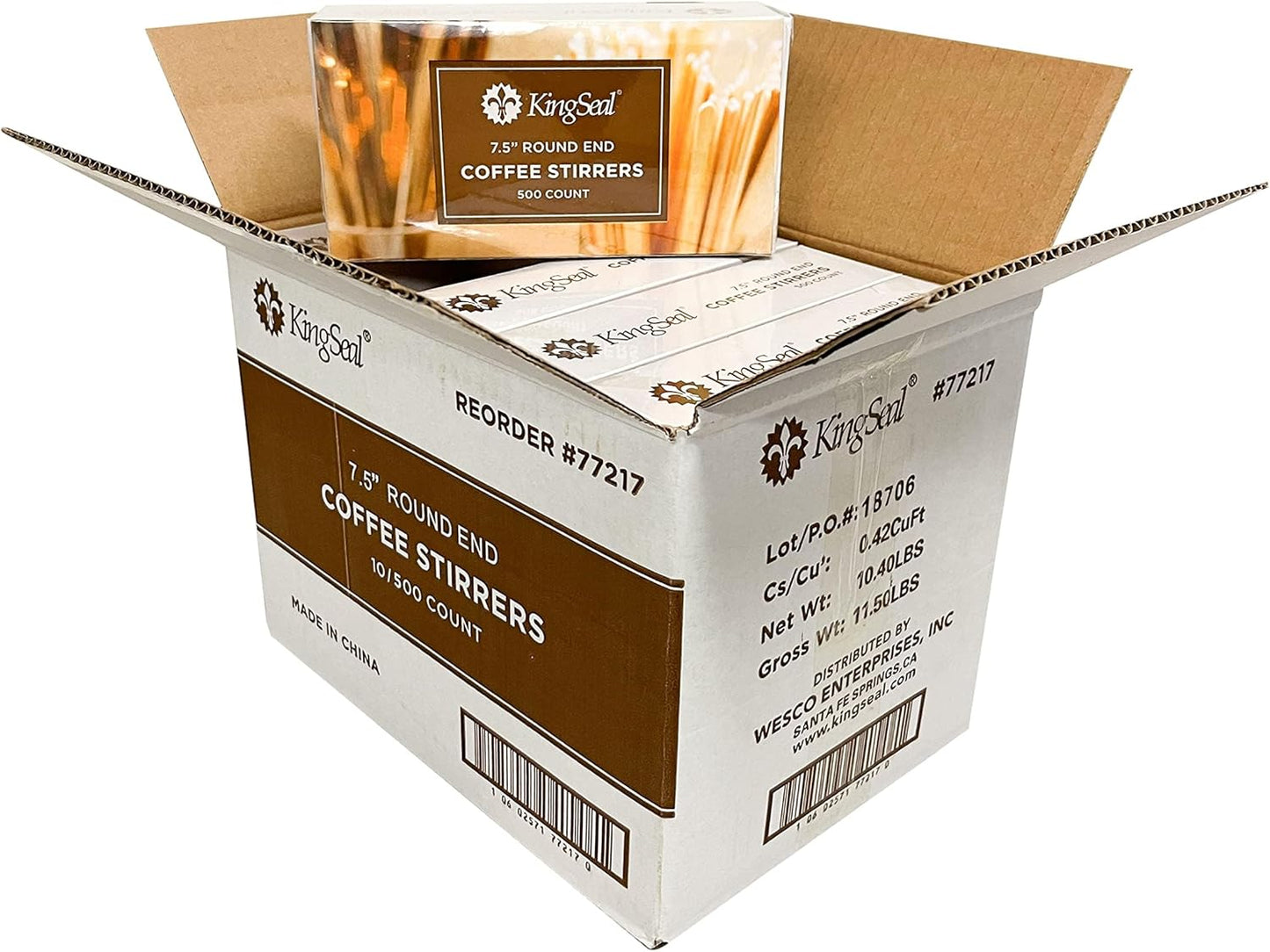 5000 Count | KingSeal Natural Birch Wood Coffee Beverage Stirrers, Stir Sticks, Waxing Sticks, 7.5 Inches, Round End, Eco-Friendly - 10 Boxes x 500 Stirrers