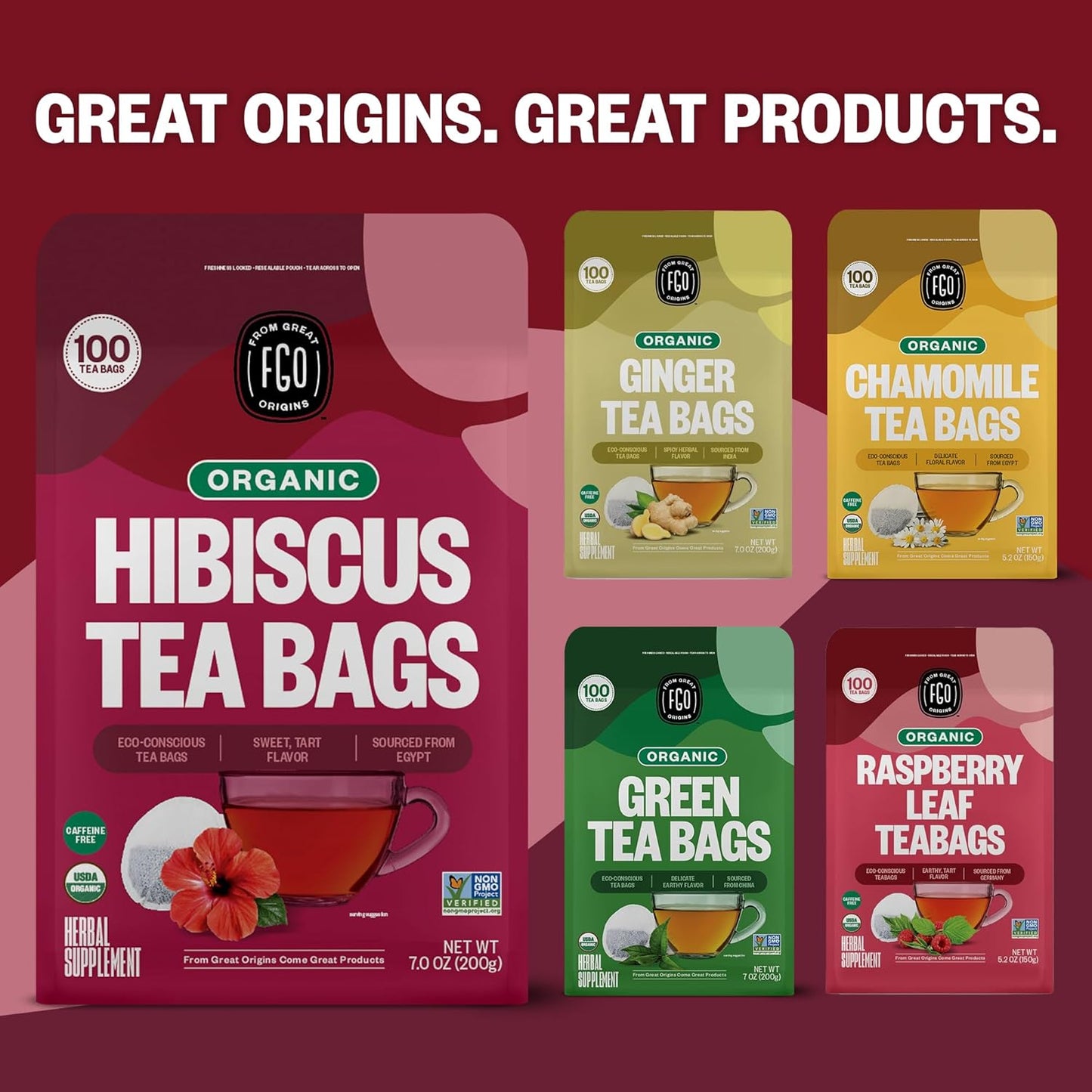 FGO Organic Hibiscus Iced Tea, 36 Eco-Conscious Pitcher Sized Tea Bags, Packaging May Vary (Pack of 1)