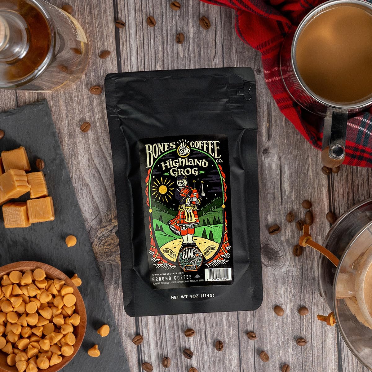 Bones Coffee Company NEW Favorite Flavors Sample Pack, Assorted Flavored Coffee Medium Roast Arabica Beans Specialty Coffee Gifts, Auto Drip and French Press Compatible, 4 oz Pack of 5 Whole Bean