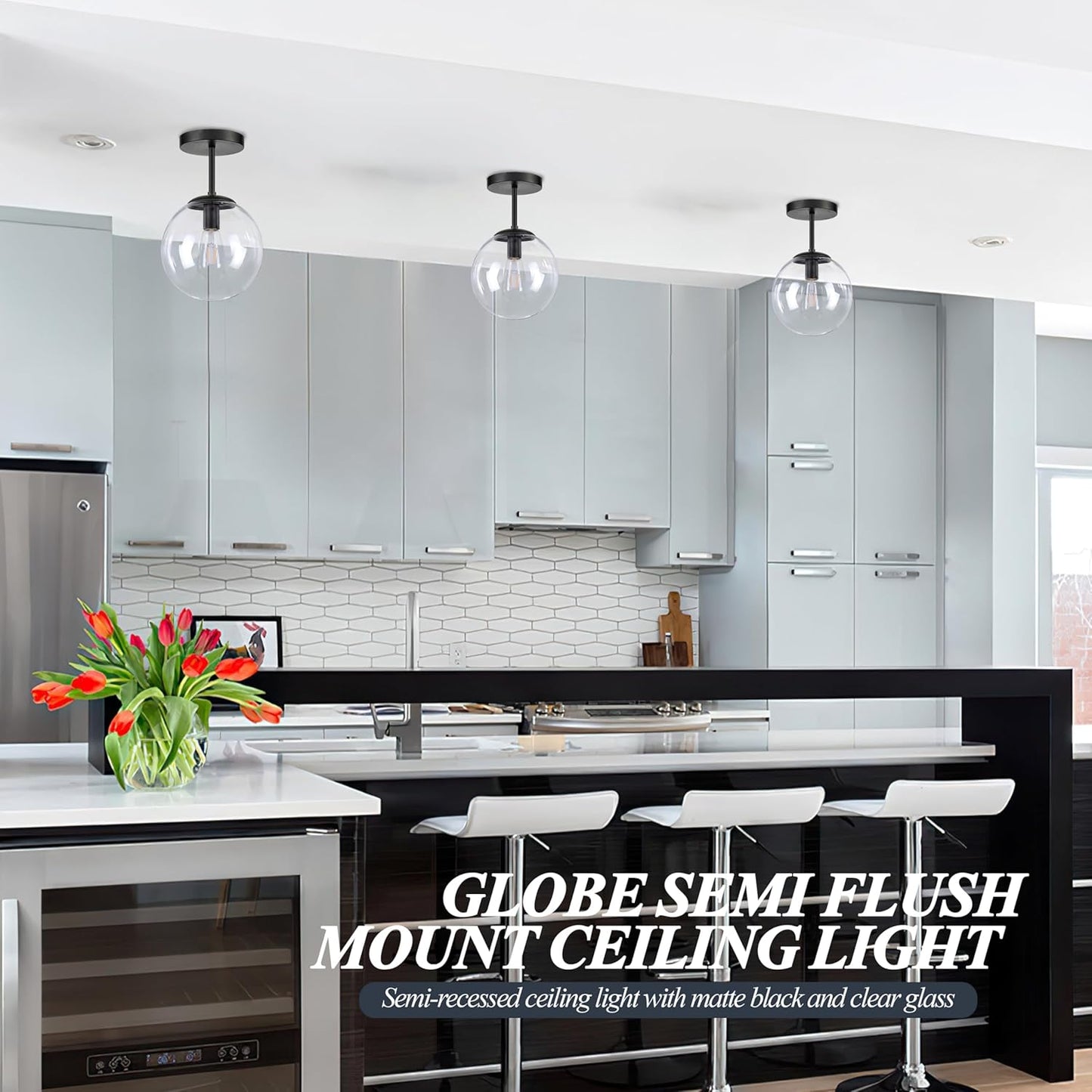 Globe Semi Flush Mount Ceiling Light, Clear Glass with Matte Black Finish, Mid Century Modern Light Fixture Ceiling, Hallway Living Room Kitchen Bedroom Storage Schoolhouse Laundry(LED Bulb Incl.)