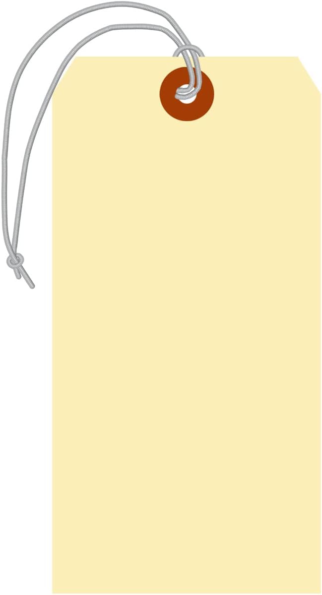 SmartSign Blank Manila Shipping Tags with Elastic Strings - Pack of 100, Size-8, 13pt Thick Pre-Strung Cardstock Tag, 6.25 x 3.125 inch, Paper Hang Tags with Reinforced Fiber Patch