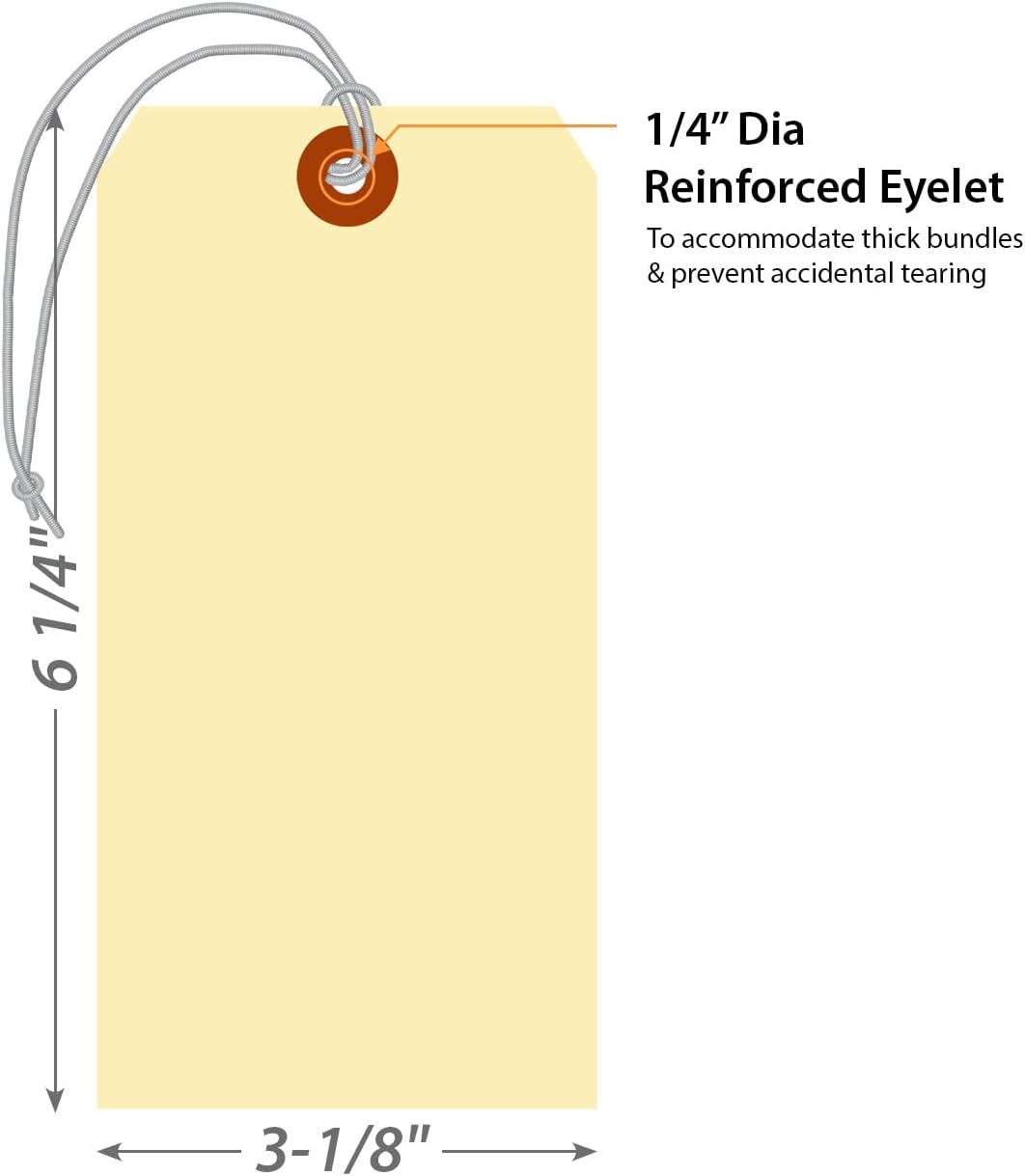 SmartSign Blank Manila Shipping Tags with Elastic Strings - Pack of 100, Size-8, 13pt Thick Pre-Strung Cardstock Tag, 6.25 x 3.125 inch, Paper Hang Tags with Reinforced Fiber Patch