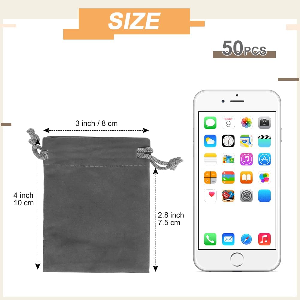 Shintop 50pcs velvet Gift bags, 3x4inch Little Grey Drawstring Jewelry pouches Coin Purse for Dice Small Business Party Favor