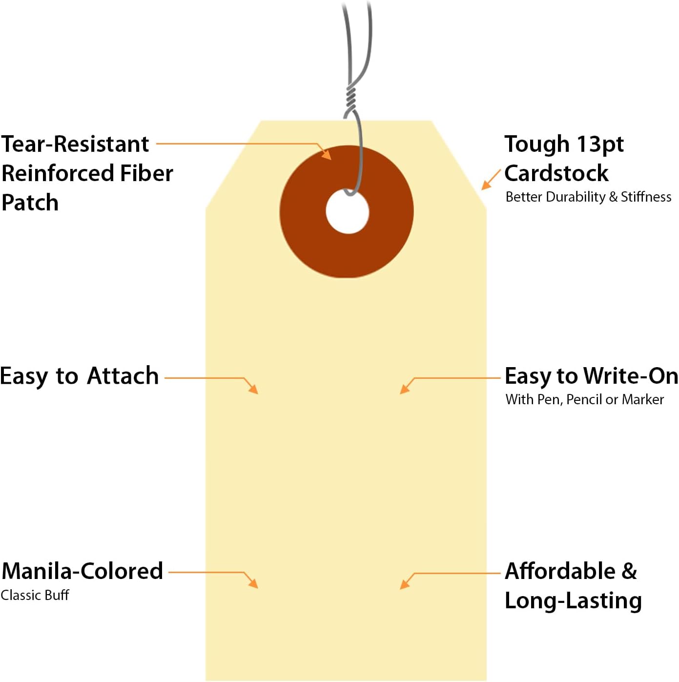 SmartSign Blank Manila Shipping Tags with Wire, Size-1, Pack of 1000, 13pt Thick Prewired Cardstock Tag, 2.75 x 1.375 inch Paper Hang Tags with Reinforced Fiber Patch