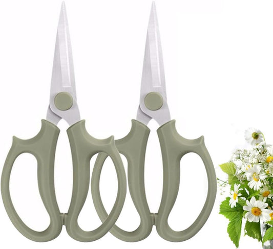 Leize Flower Scissors, Premium Thickened Stainless Steel Floral Shears, Strong Pruner for Flowers, Branches and Leaves (Grey Green Slender 2Pics)