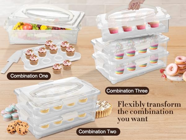 ARC 3-Tiers Cupcake Carrier (White) - Cupcake Holder and Cake Transport Container that Holds up to 36 Cupcakes or 3 Large Cakes - BPA-Free, Great for Parties & Festivals