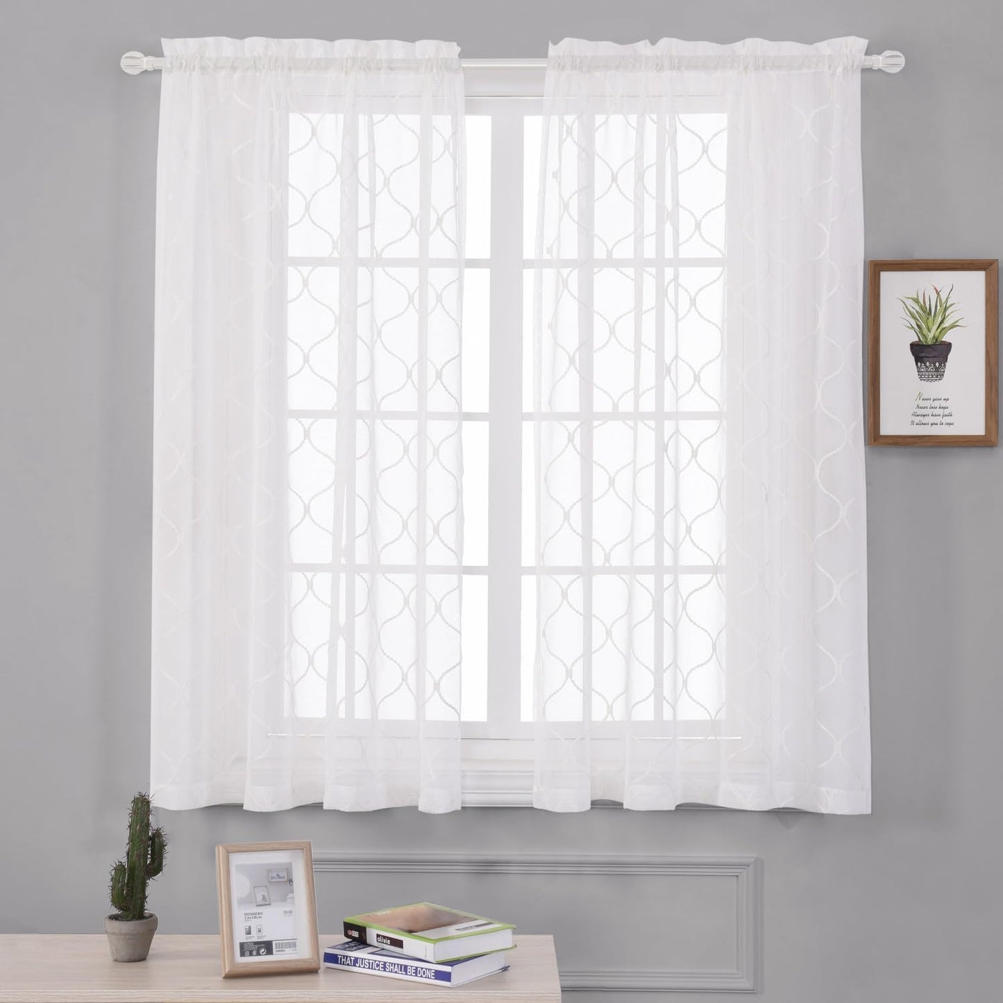 Sheer Curtains White 63 Inches Embroidered Wave Diamond, Rod Pocket Voile Drapes for Living room, Bedroom, Window Treatments Semi Crinkle Curtain Panels for Yard, Villa, Parlor, Set of 2, 52"x 63".